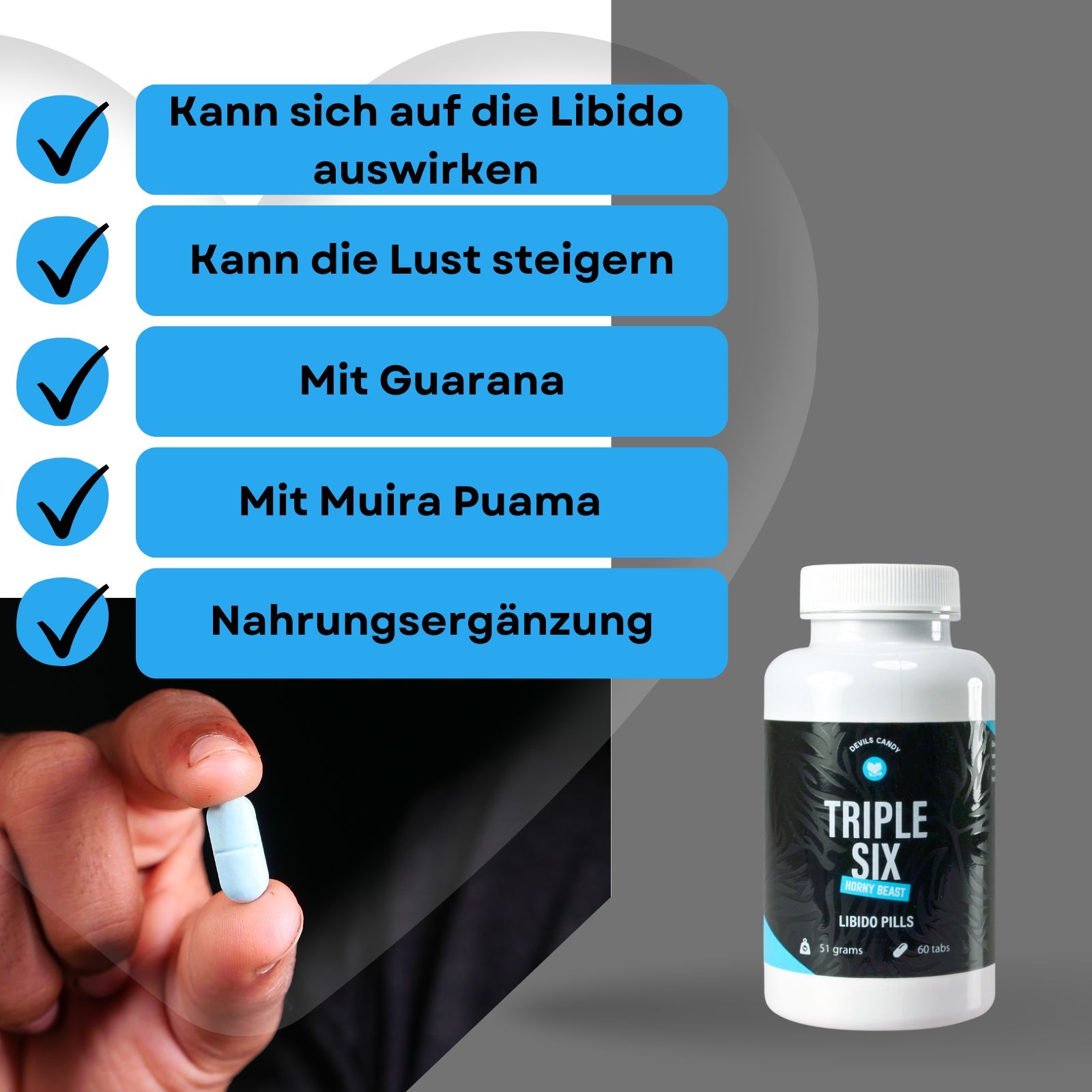 Flasche "Triple Six" Libido Pills und blaue Pille. Text: Kann sich auf die Libido auswirken, mit Guarana.