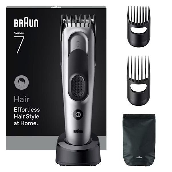 Braun Series 7 Haarschneider mit Ladestation, zwei Aufsteckkämmen und Beutel.