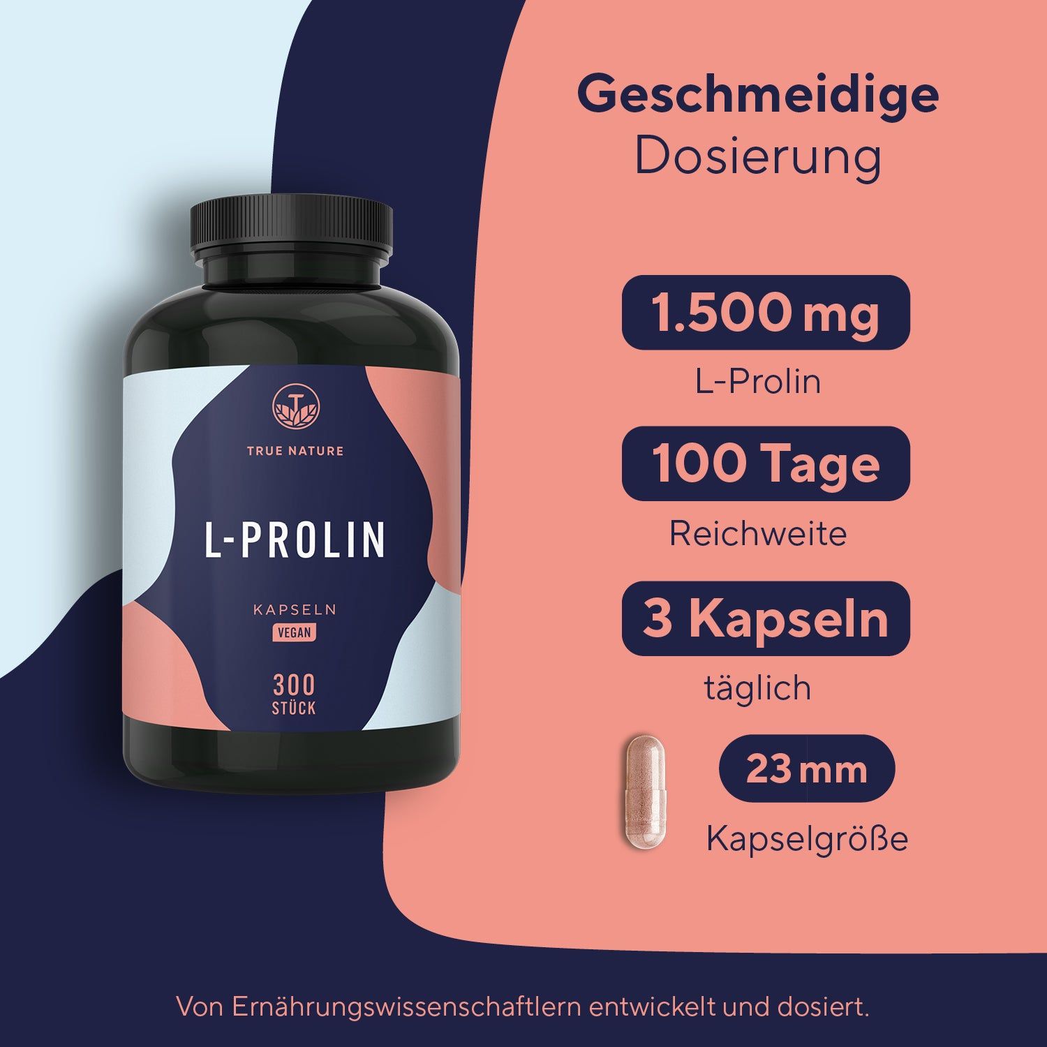Schwarze Flasche mit L-Prolin Kapseln. Enthält 300 Stück. Aufschrift: 1.500 mg L-Prolin, 100 Tage Reichweite, 3 Kapseln täglich, 23 mm Kapselgröße.