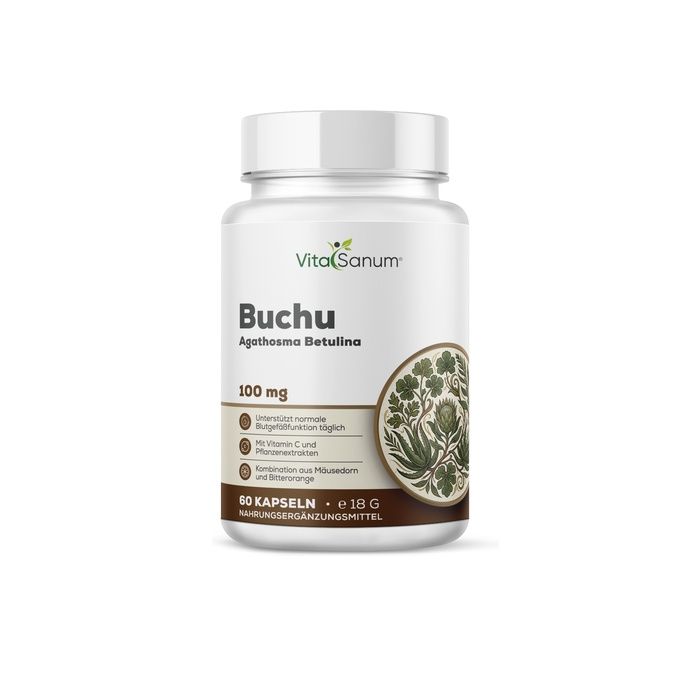 VitaSanum Buchu Kapseln: Weißer Behälter mit Etikett, das Buchu (Agathosma betulina) 100 mg und 60 Kapseln zeigt.