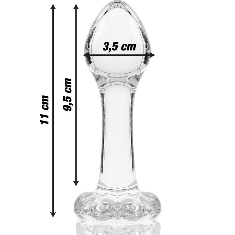 Klarer Glas-Analplug mit Maßen: 11cm Länge, 3,5cm Breite.