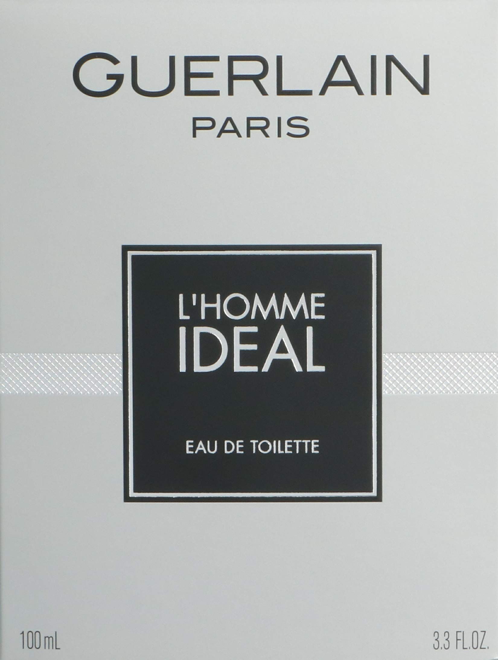 Silberne Verpackung mit schwarzem Quadrat. Darin: L'HOMME IDEAL, Eau de Toilette. Oben: GUERLAIN PARIS. Unten: 100 ml, 3.3 FL.OZ.
