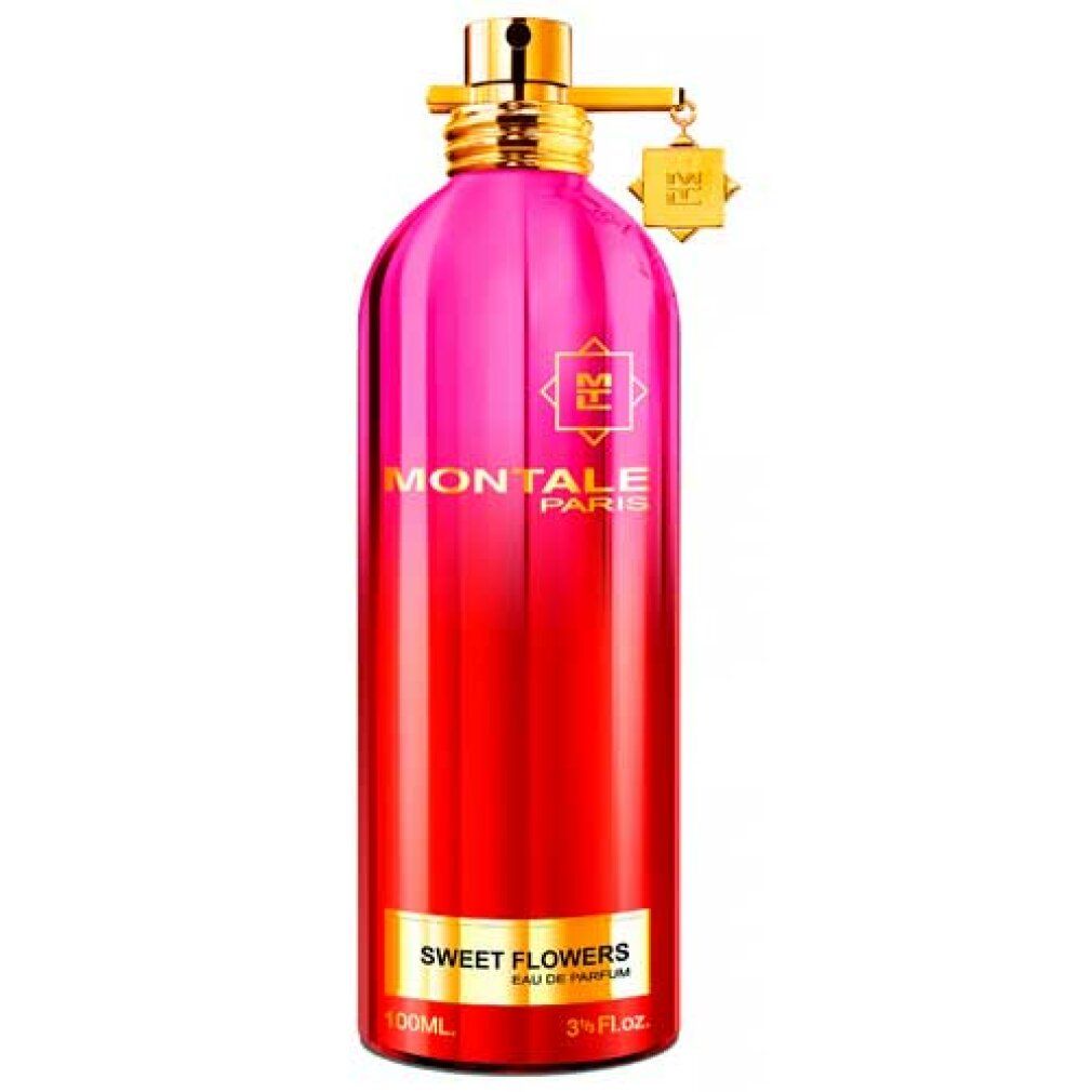 Montale Sweet Flowers Edp Spray. Farbverlauf von Pink nach Rot. Goldener Verschluss mit Anhänger. Weißer Hintergrund.