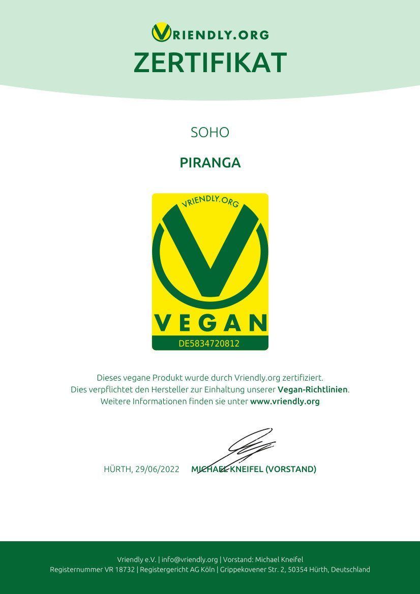 Vegan-Zertifikat. Logo mit 'V' und 'VEGAN'. Text: 'SOHO PIRANGA'. Zertifizierungsstelle: vriently.org.