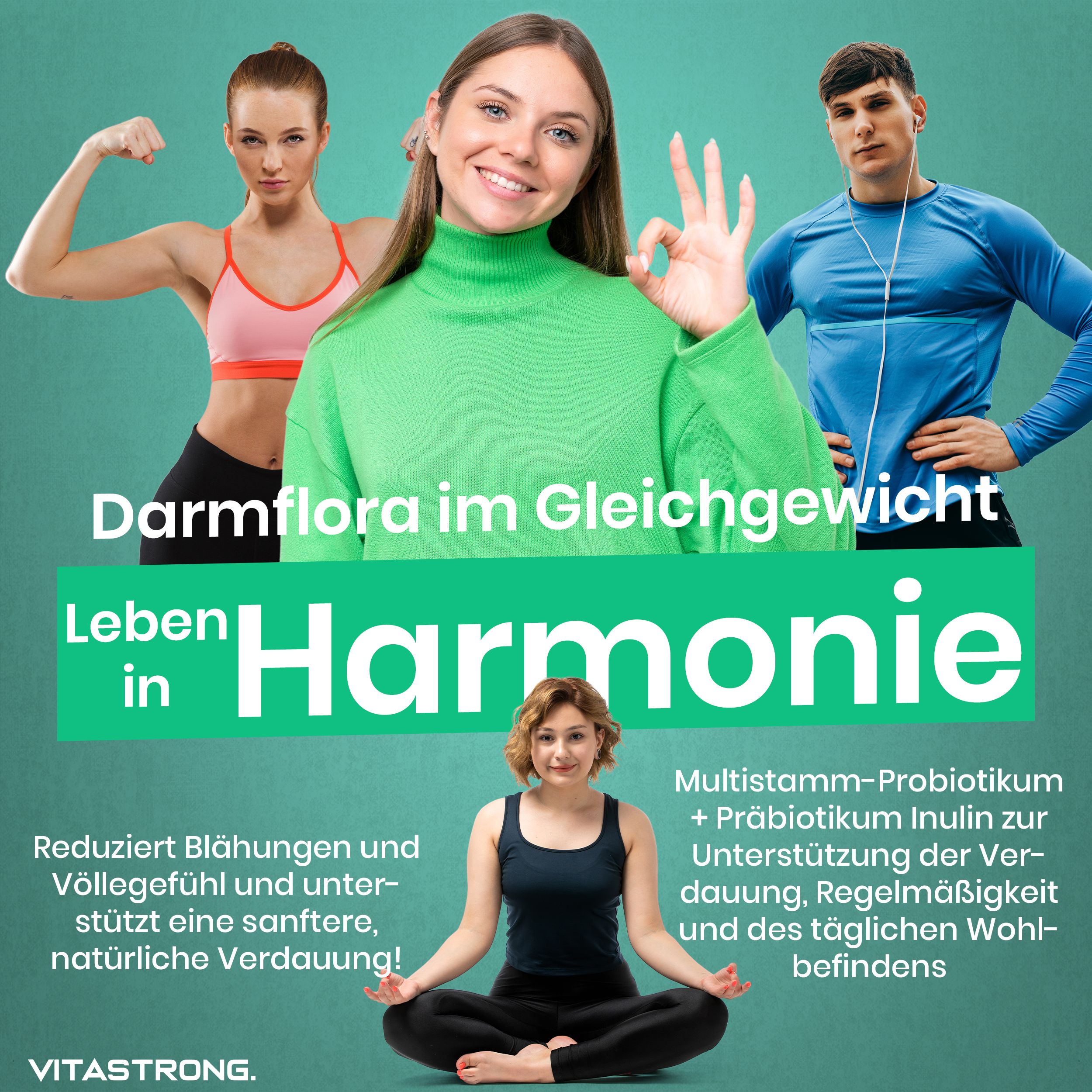 Drei Personen. Text: Darmflora im Gleichgewicht, Leben in Harmonie. Vitastrong.