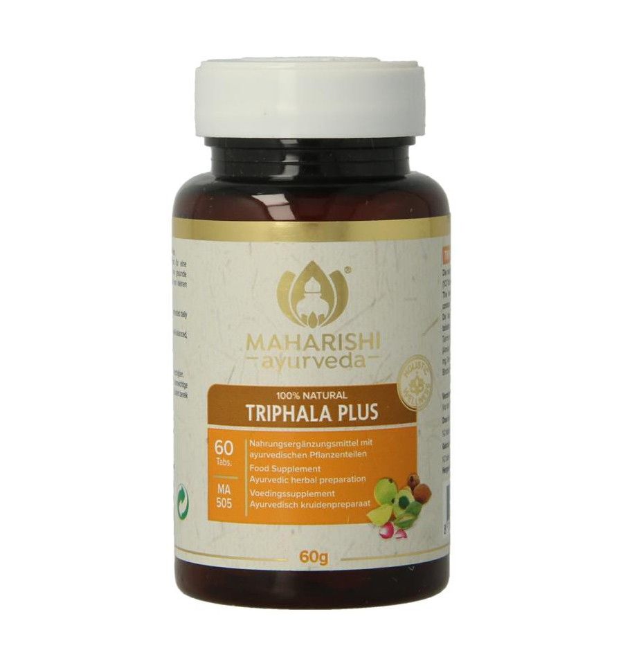 Braune Plastikflasche mit weißem Deckel. Aufkleber mit Text: Maharishi Ayurveda, Triphala Plus, 60 Tabletten, 60g.