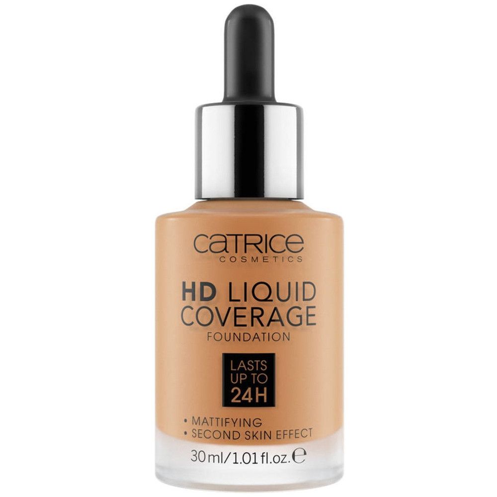 Catrice HD Liquid Coverage Foundation. Flasche mit Pipette. Aufschrift: HD Liquid Coverage Foundation, mattierend, wasserfest, 24h.