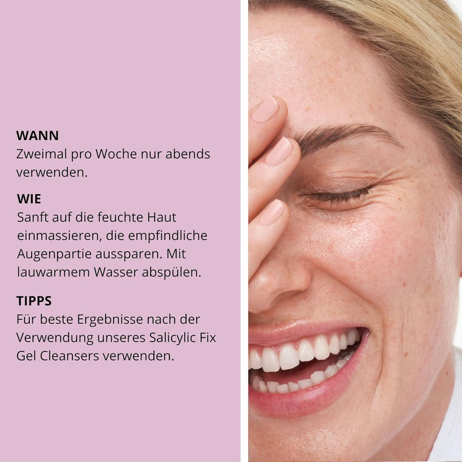 Frau hält Hand vor Gesicht. Text: Wann, Wie, Tipps. Produktname nicht sichtbar.