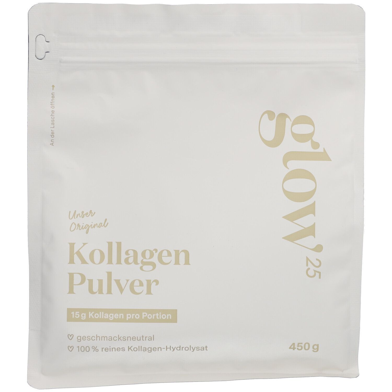 Beutel Glow25 Kollagen Pulver, weiß mit goldfarbenem Schriftzug. 450 g. Aufschrift: 15g Kollagen pro Portion.