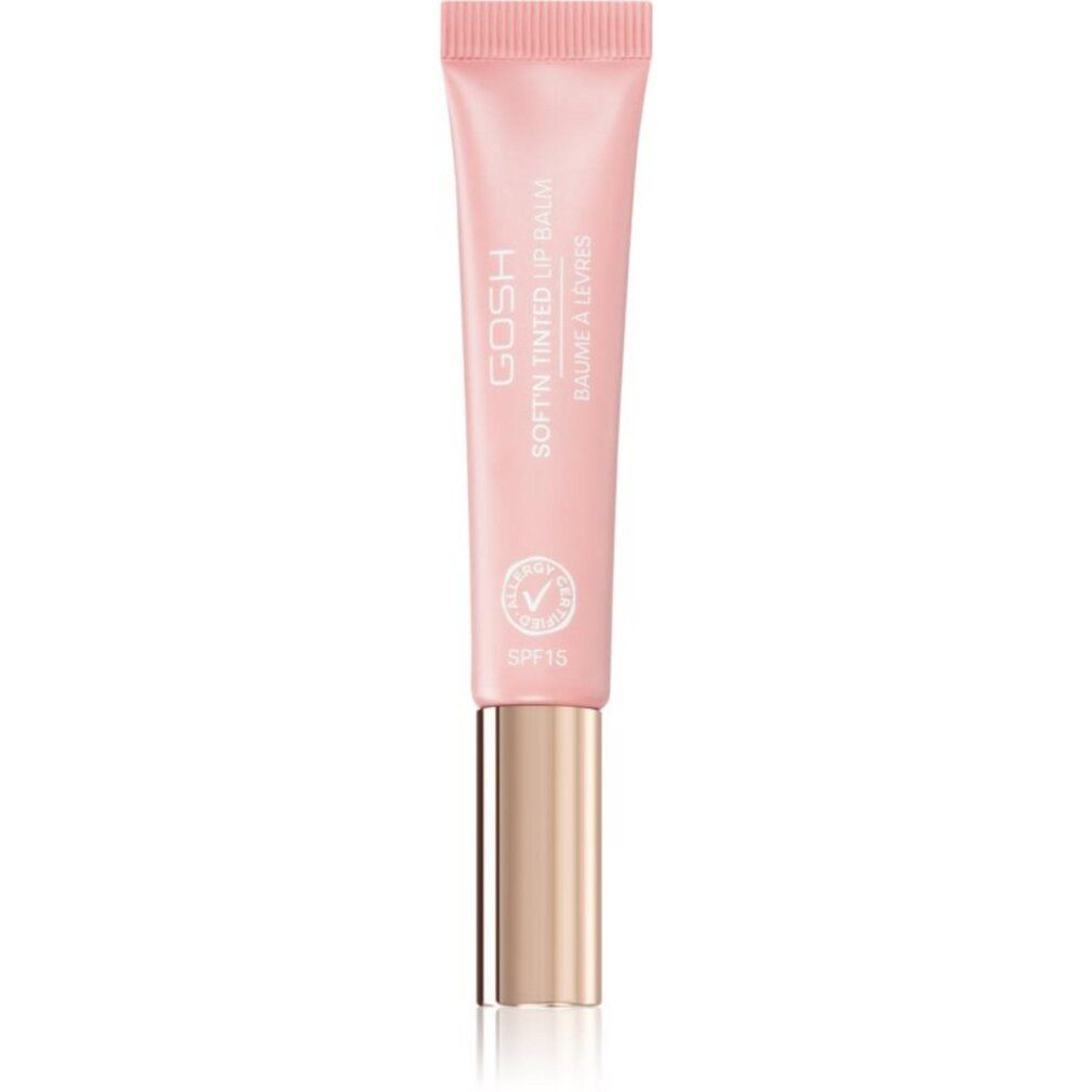 Rosa getönter Lippenbalsam in Tube. Marke Gosh. Metallfarbener Schraubverschluss. Vegan-Siegel. SPF 15.