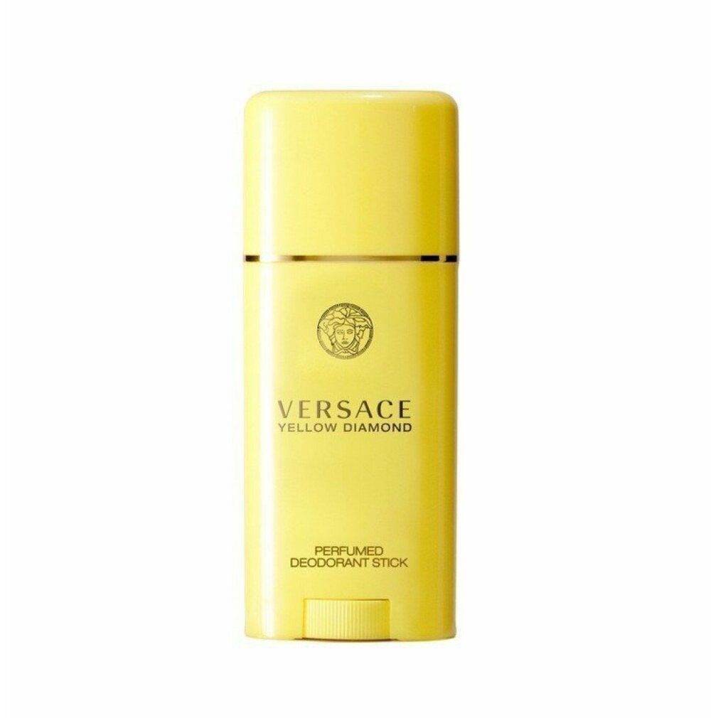 Gelber Deodorant-Stick. Aufschrift: VERSACE YELLOW DIAMOND. Goldfarbene Details. Unterseite mit Drehmechanismus.