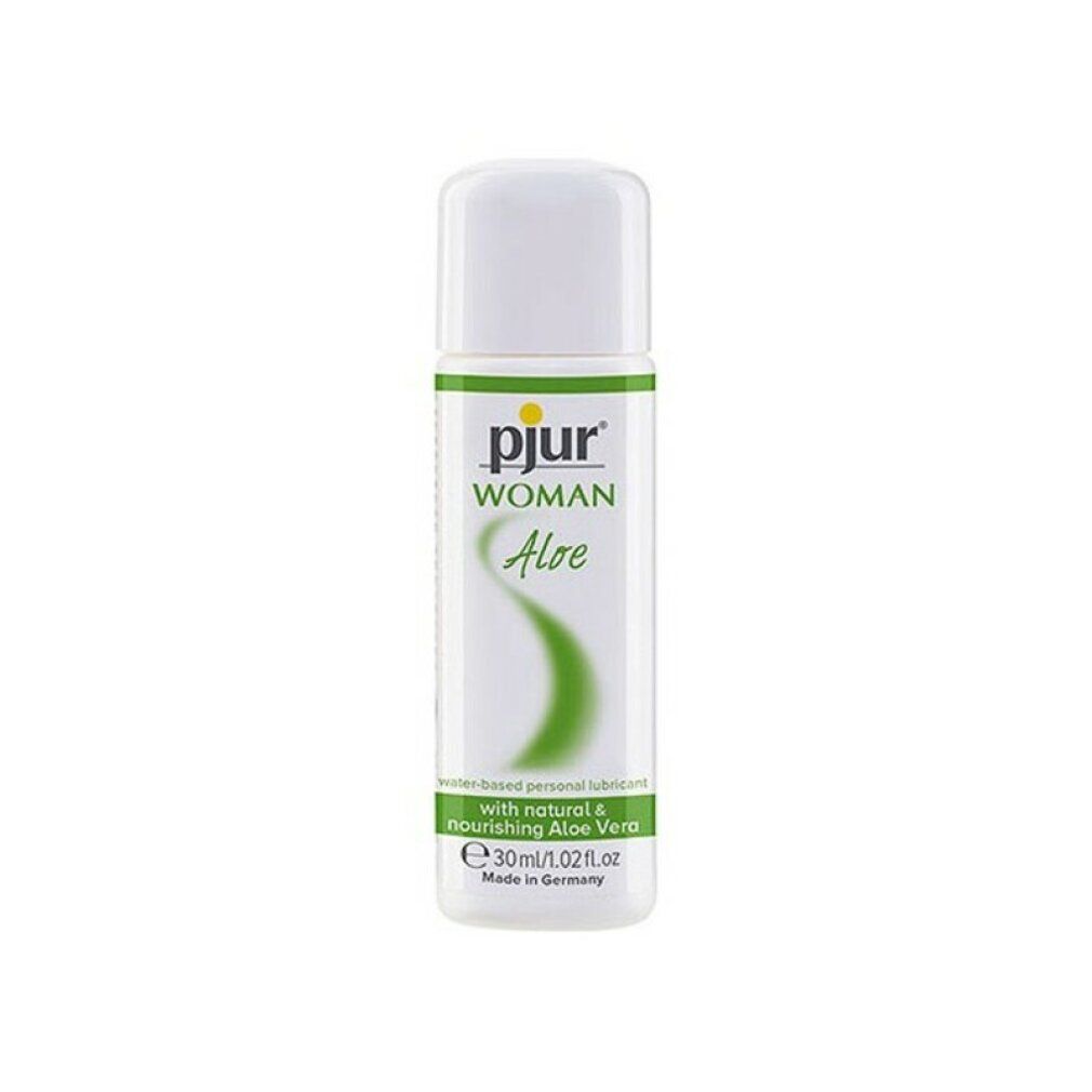 Weiße Flasche mit grünem Etikett. Aufschrift: pjur WOMAN Aloe. Enthält 30ml/1.02 fl.oz. Wasserbasiertes Gleitmittel.