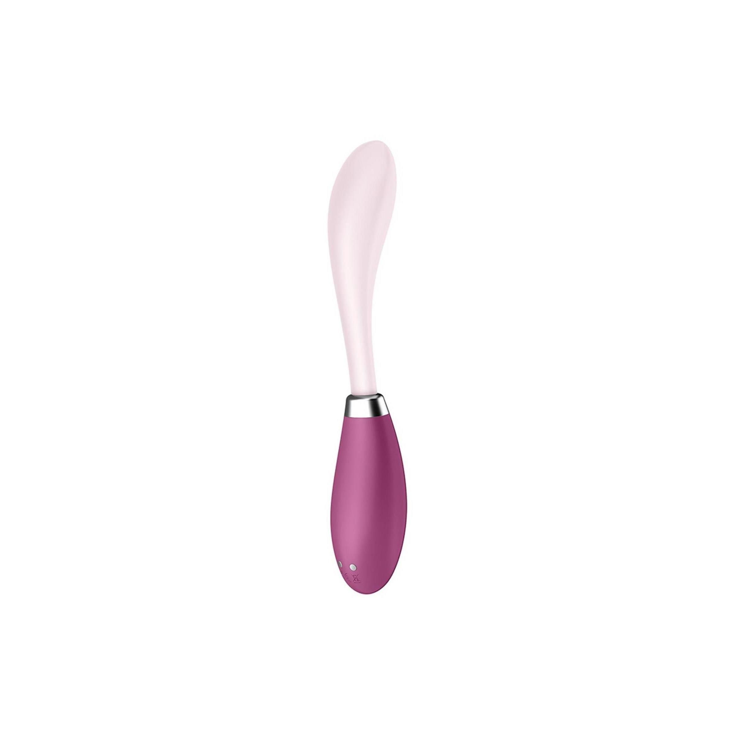 Lila Vibrator mit rosa Spitze. Metallring. Gebogene Form.