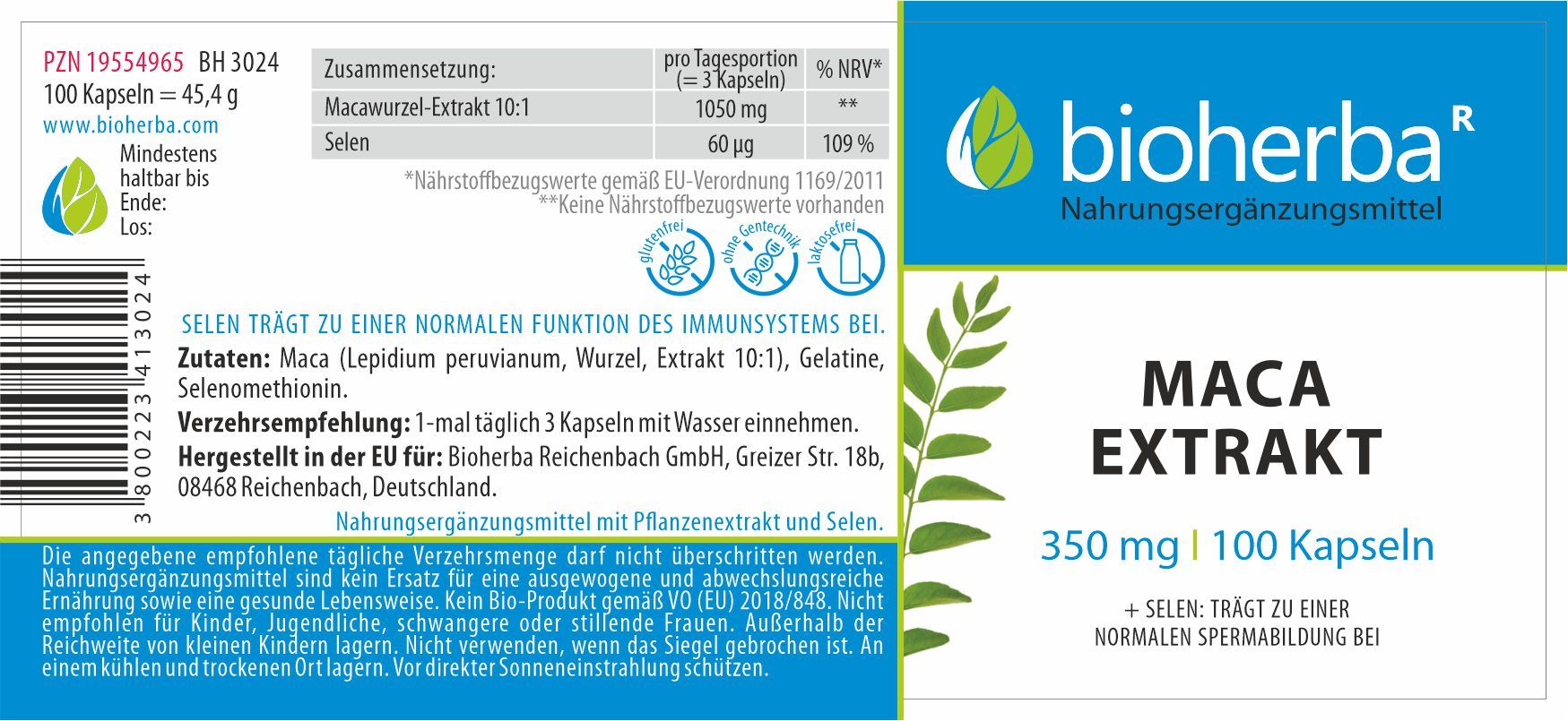 Etikett mit Produktinformationen. Enthält Angaben zu Inhaltsstoffen, Dosierung und Hersteller. Marke: Bioherba. Produkt: Maca Extrakt Kapseln.