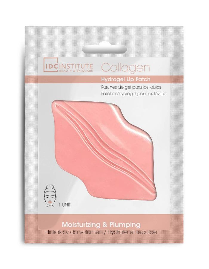 Verpackung mit Lippenpflaster. Rosa Hydrogel-Lippenpflaster mit Kollagen. Text: IDC Institute, Collagen, Hydrogel Lip Patch.