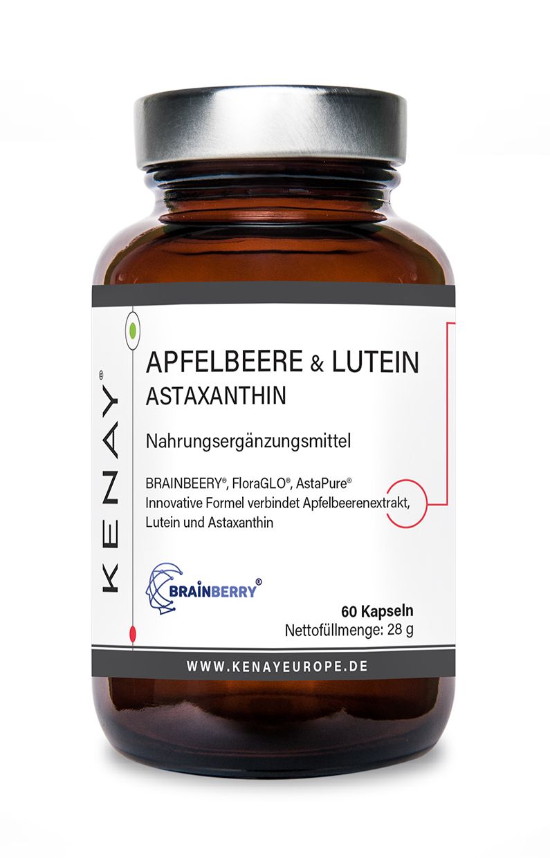 Braune Glasflasche mit Kapseln. Etikett mit Produktnamen: Apfelbeere & Lutein Astaxantin. Marke: KENAY. 60 Kapseln.