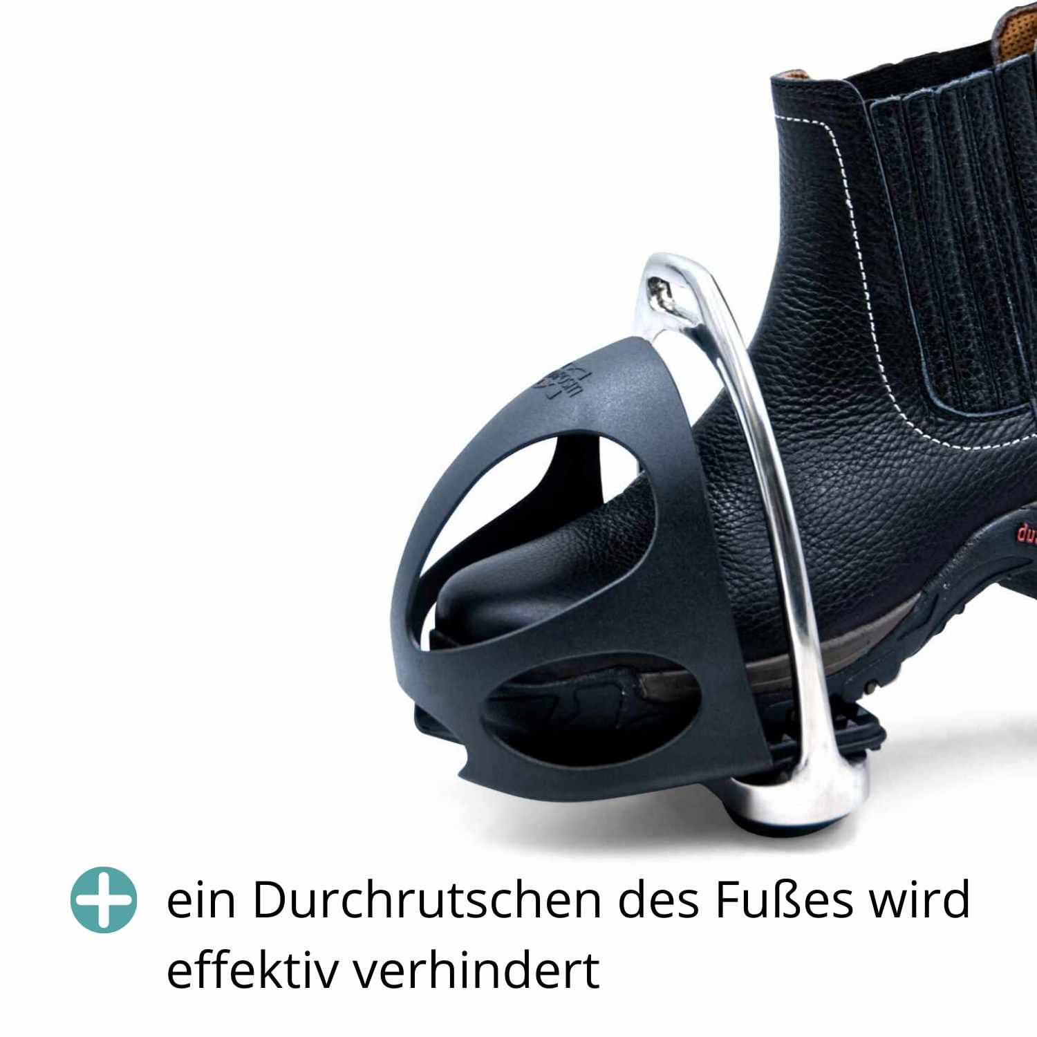 Schwarze Steigbügeleinlage mit Stiefel. Verhindert effektiv ein Durchrutschen des Fußes.
