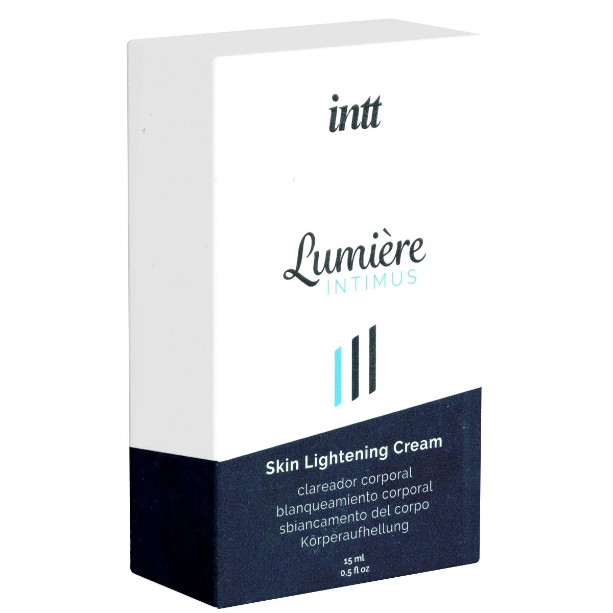 Weiße Schachtel mit Aufschrift: intt Lumière Intimus Skin Lightening Cream. Blaue und weiße Verpackung.