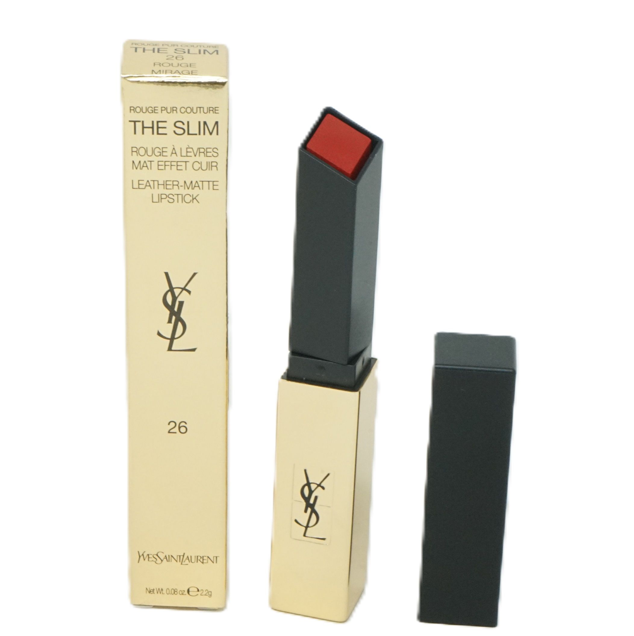 Goldfarbener Lippenstift mit schwarzem Deckel und roter Mine. Inklusive goldener Verpackung mit schwarzer Schrift. YSL-Logo.