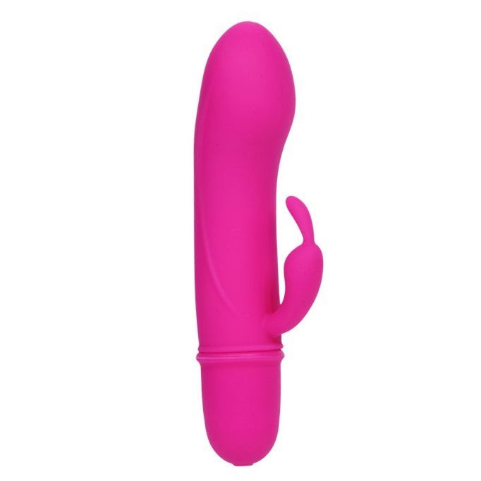 Pinkfarbener Vibrator mit gebogener Form und einer zusätzlichen Ausbuchtung. Auf weißem Hintergrund.