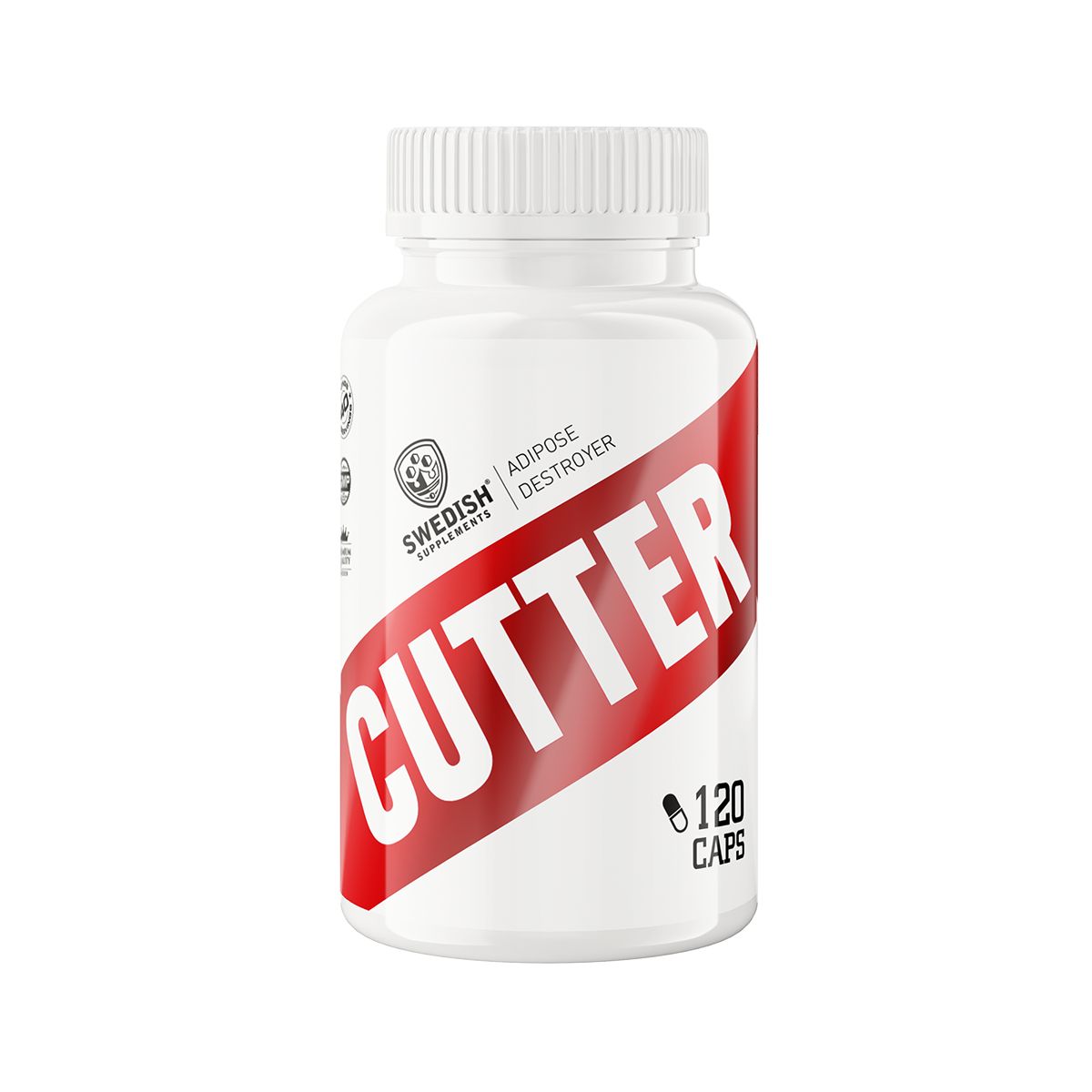 Weiße Flasche mit rotem diagonalem Streifen und "CUTTER"-Schriftzug. Enthält 120 Kapseln. "SWEDISH SUPPLEMENTS"-Logo.