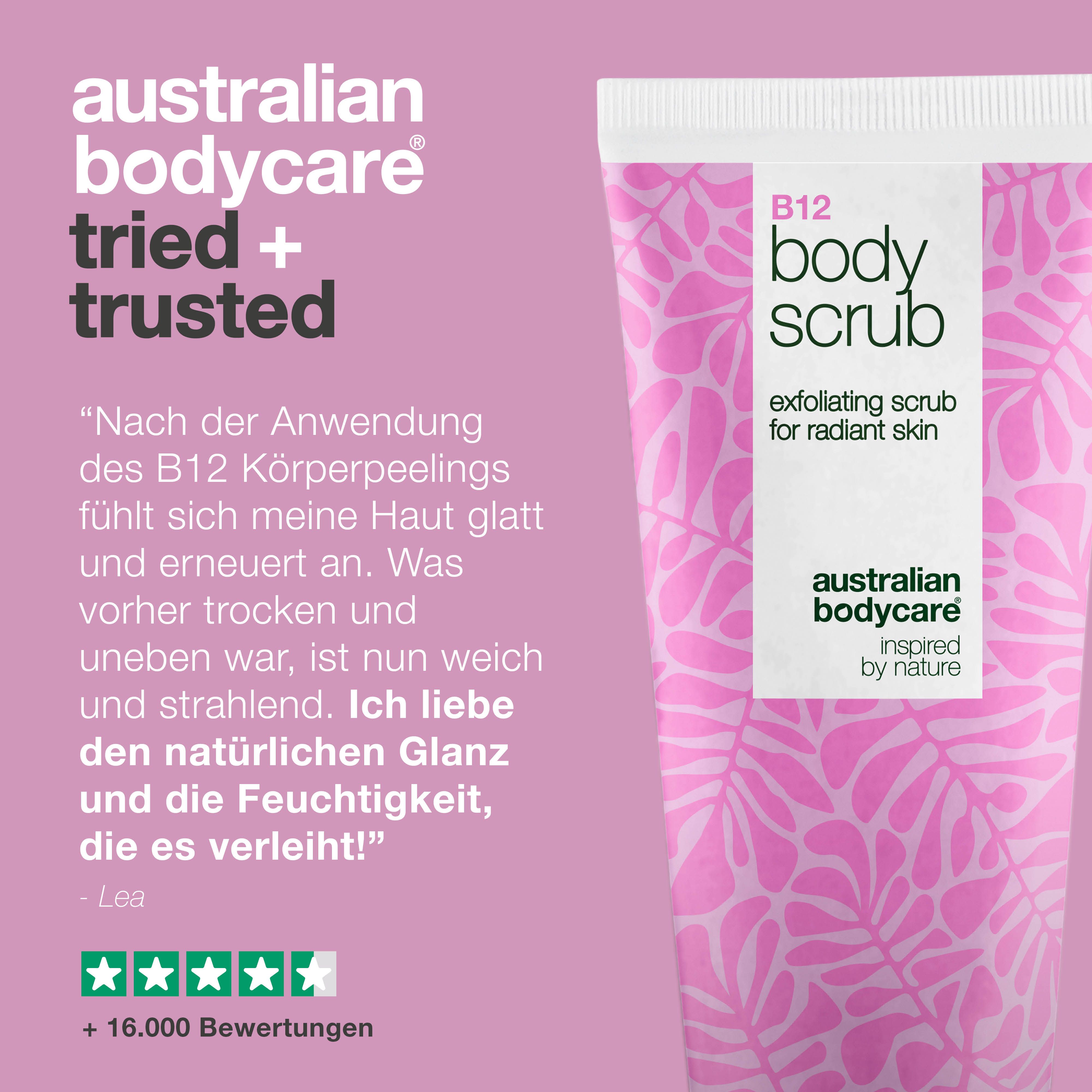 Tube Körperpeeling, rosa Hintergrund. Text: Australian Bodycare, B12 body scrub, +16.000 Bewertungen.