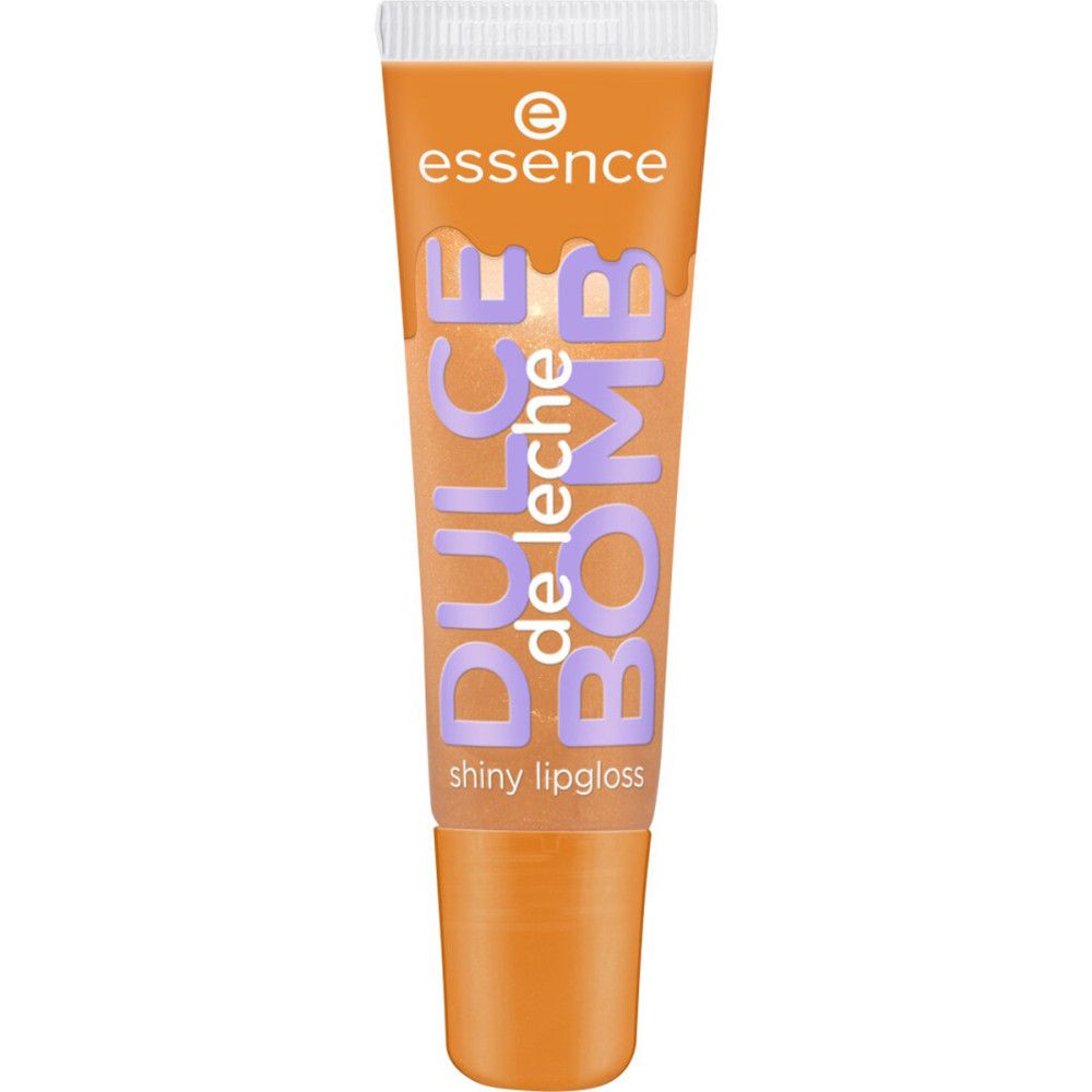 Lipgloss-Tube mit orangefarbenem Inhalt. Aufschrift: Dulce de Leche Bomb Shiny. Marke: Essence.