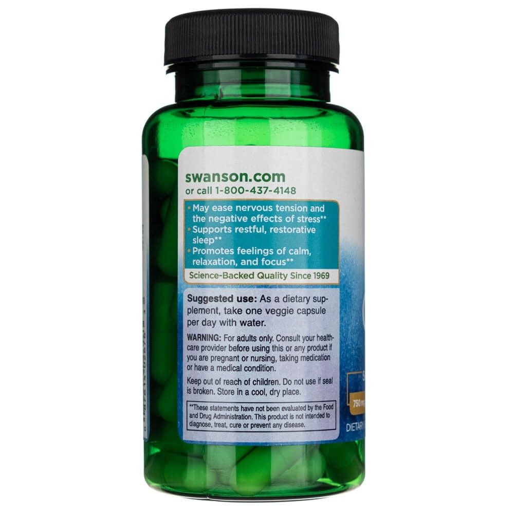 Rückseite der Swanson GABA 750 mg Flasche mit Anwendungshinweisen und Qualitätsmerkmalen.
