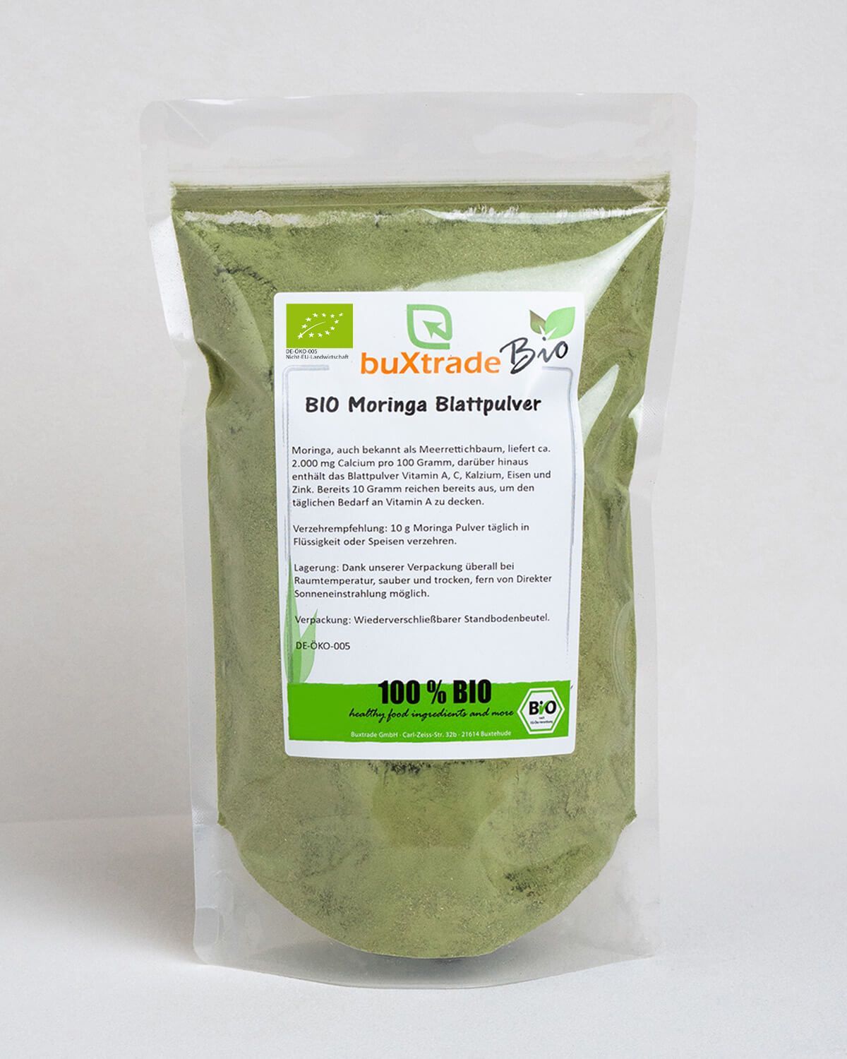 Verpackung mit buXtrade Bio Moringa Blattpulver, 100% Bio-Siegel und EU-Bio-Logo.