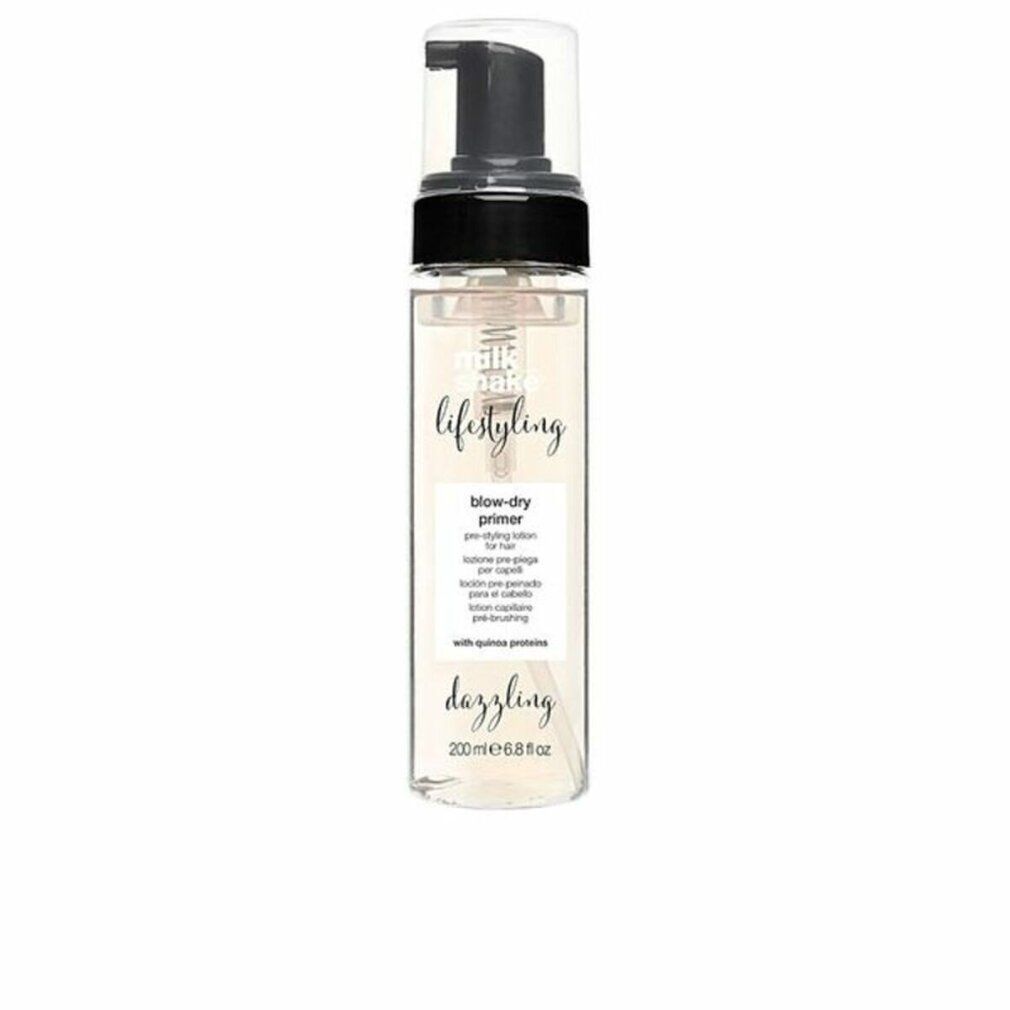 Transparente Flasche mit schwarzem Pumpkopf. Beschriftung: Lifestyling, Blow-dry primer, Dazzling. 200ml.