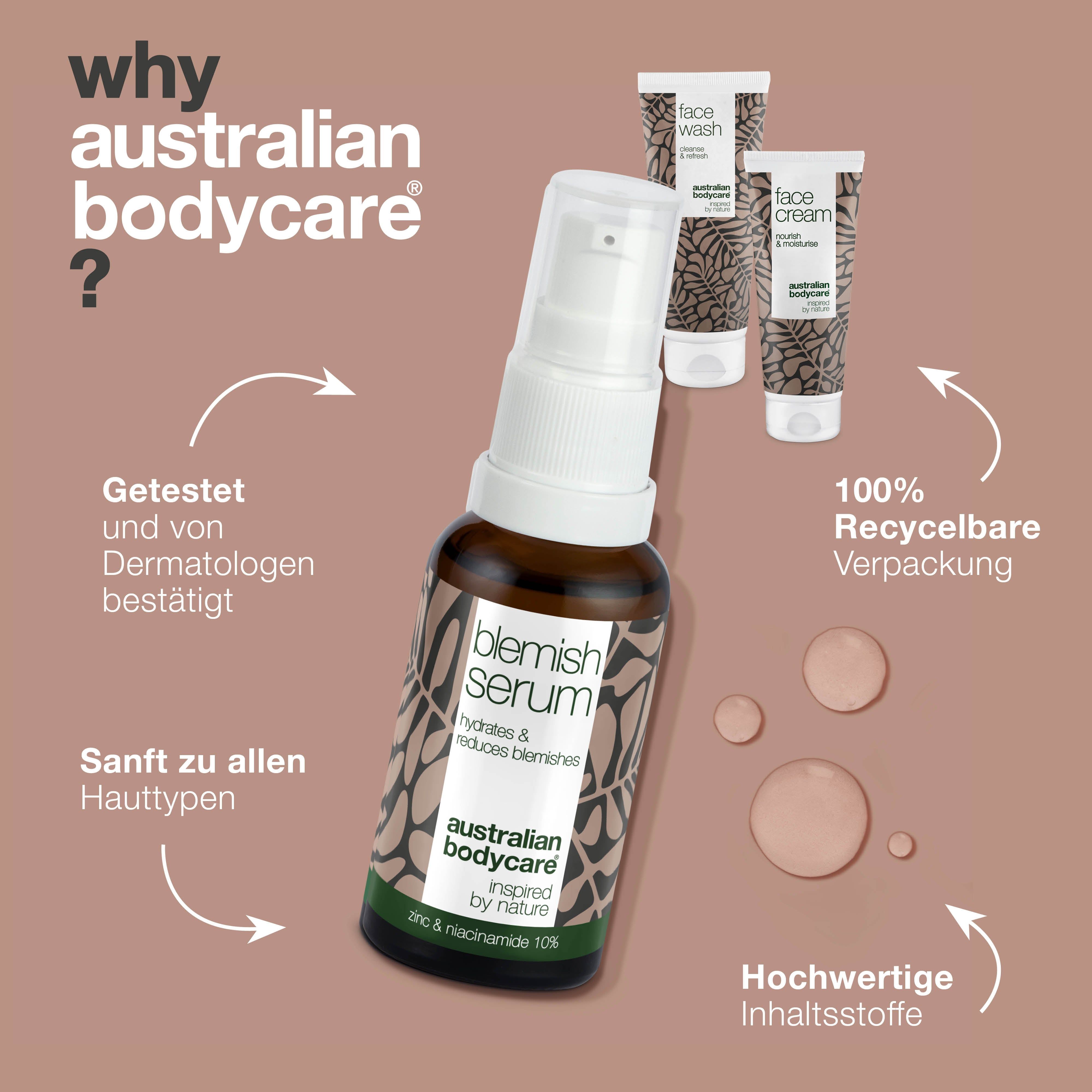 Braune Glasflasche mit Serum. Daneben Produkte: Gesichtswäsche, Creme. Text: Warum Australian Bodycare?