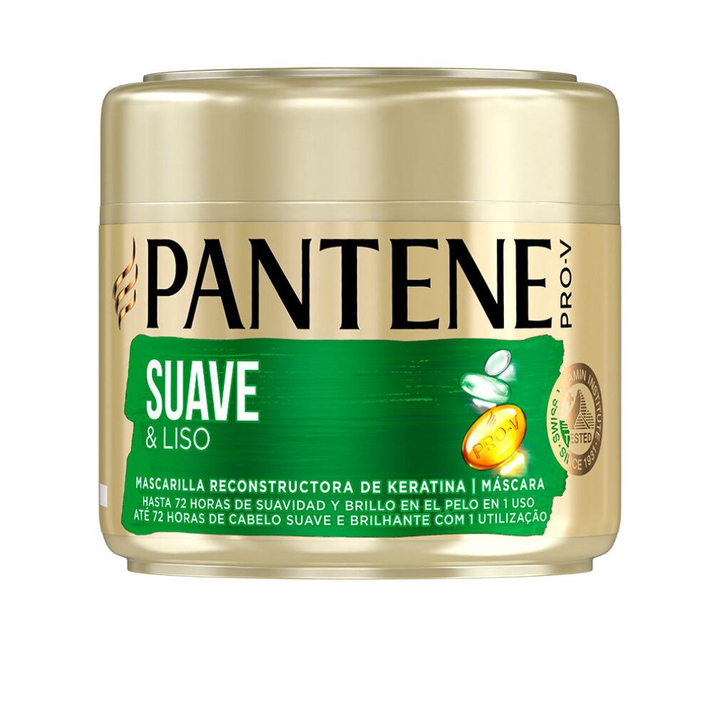Goldfarbener Tiegel mit grünem Etikett. Aufschrift: Pantene, Suave & Liso, Mascarilla Reconstructora. Pro-V Logo.