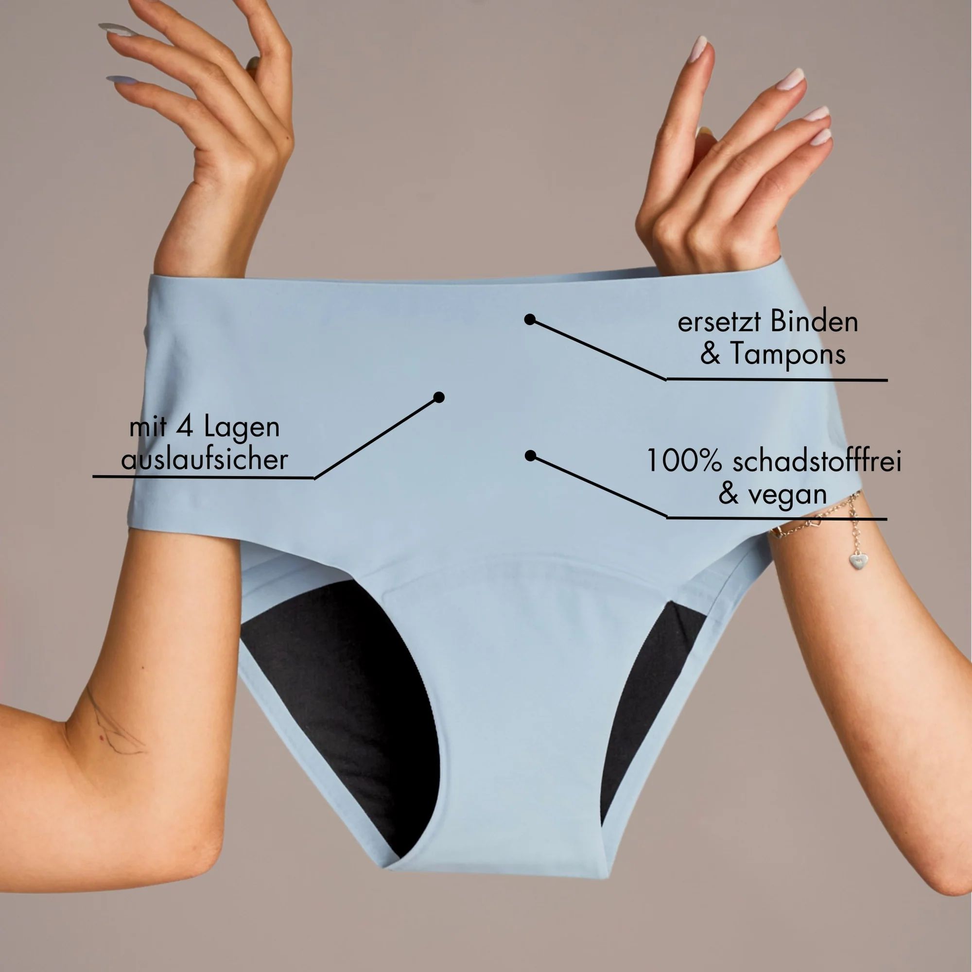 Hellblaue, auslaufsichere Unterhose. Text: 4 Lagen auslaufsicher, ersetzt Binden & Tampons, 100% schadstofffrei & vegan.