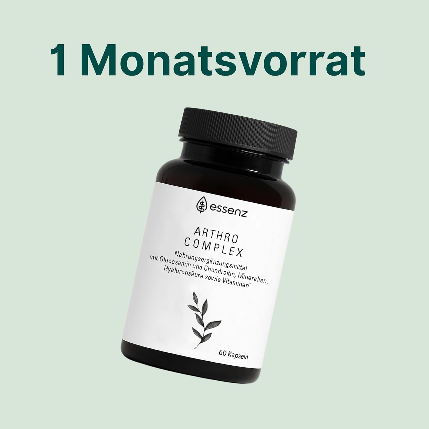 ESSENZ Arthro Complex Flasche mit 60 Kapseln. Text: 1 Monatsvorrat.