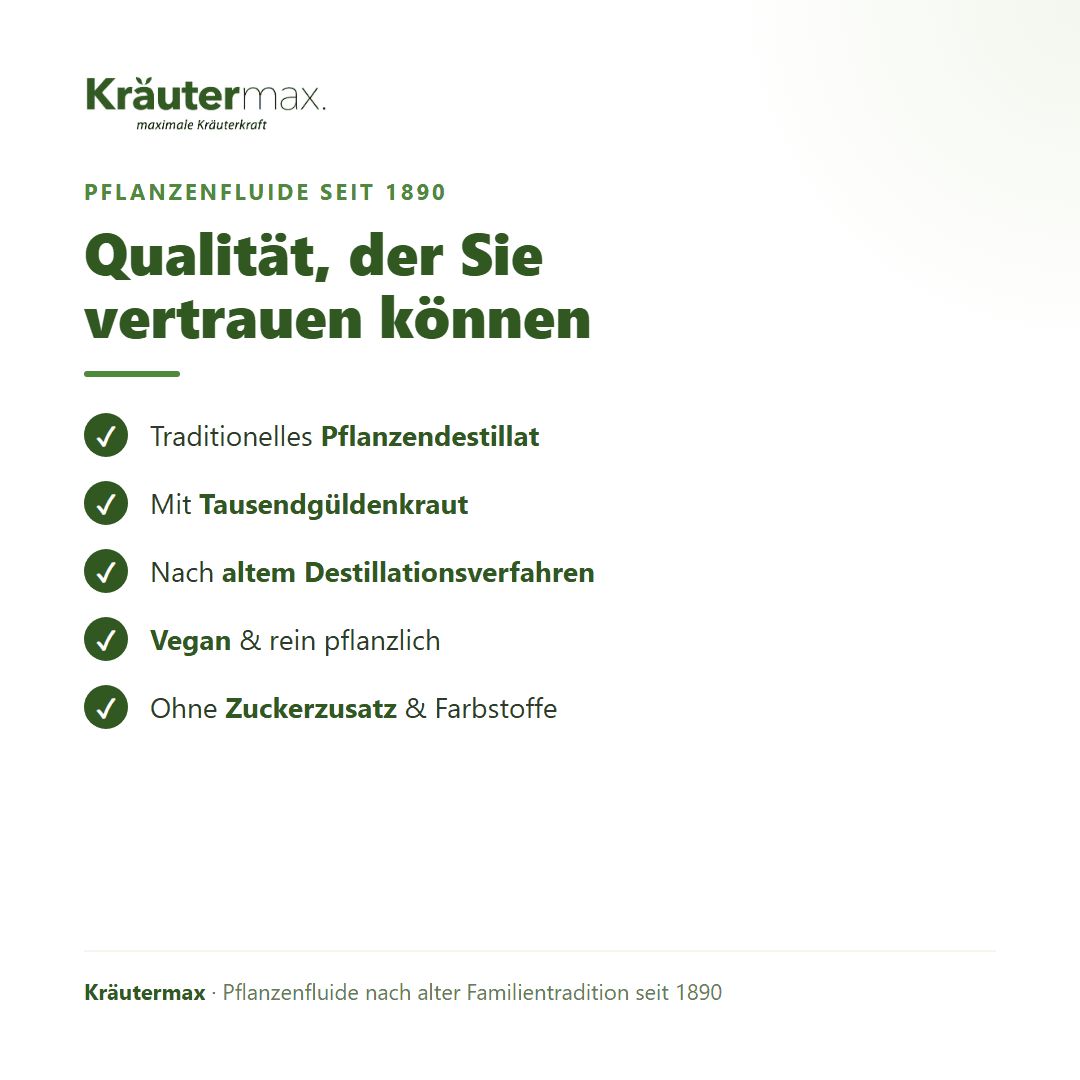 Checkliste: Traditionelles Destillat, Mit Tausendgüldenkraut, Nach altem Verfahren, Vegan, Ohne Zusatzstoffe.