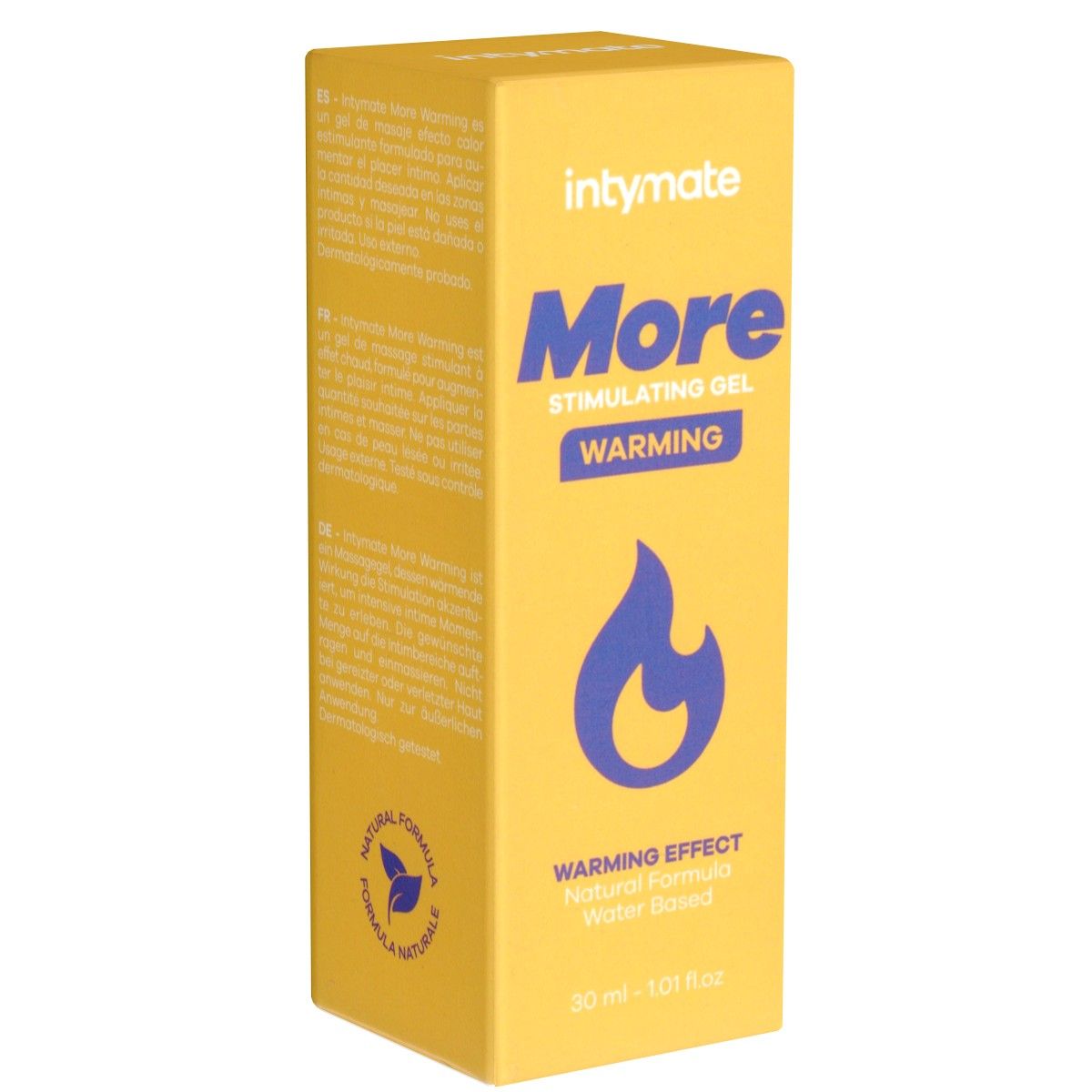 Gel-Verpackung in Gelb. Aufschrift "intymate More Stimulating Gel Warming". Blaue Flammen-Grafik. Text: "Warming Effect, Natural Formula, Water Based".