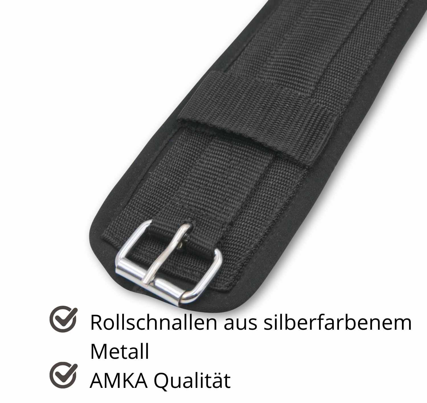 Schwarzer Gurt mit silberfarbener Metallschnalle. Text: Rollschallen aus silberfarbenem Metall, AMKA Qualität.