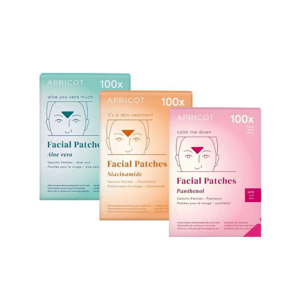 Drei Schachteln Gesichtspads. Grün, orange und rosa. Aufdruck: APRICOT, Facial Patches, 100x. Aloe vera, Niacinamid, Panthenol.