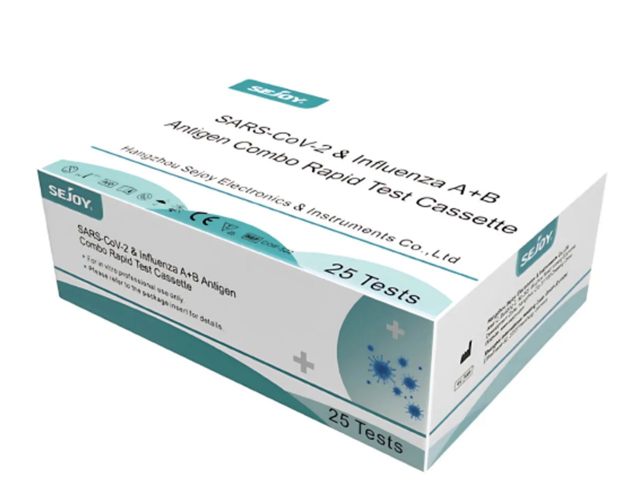 Karton mit Aufschrift "SARS-CoV-2 & Influenza A+B Antigen Combo Rapid Test Cassette". Enthält 25 Tests. Marke: Sejoy.