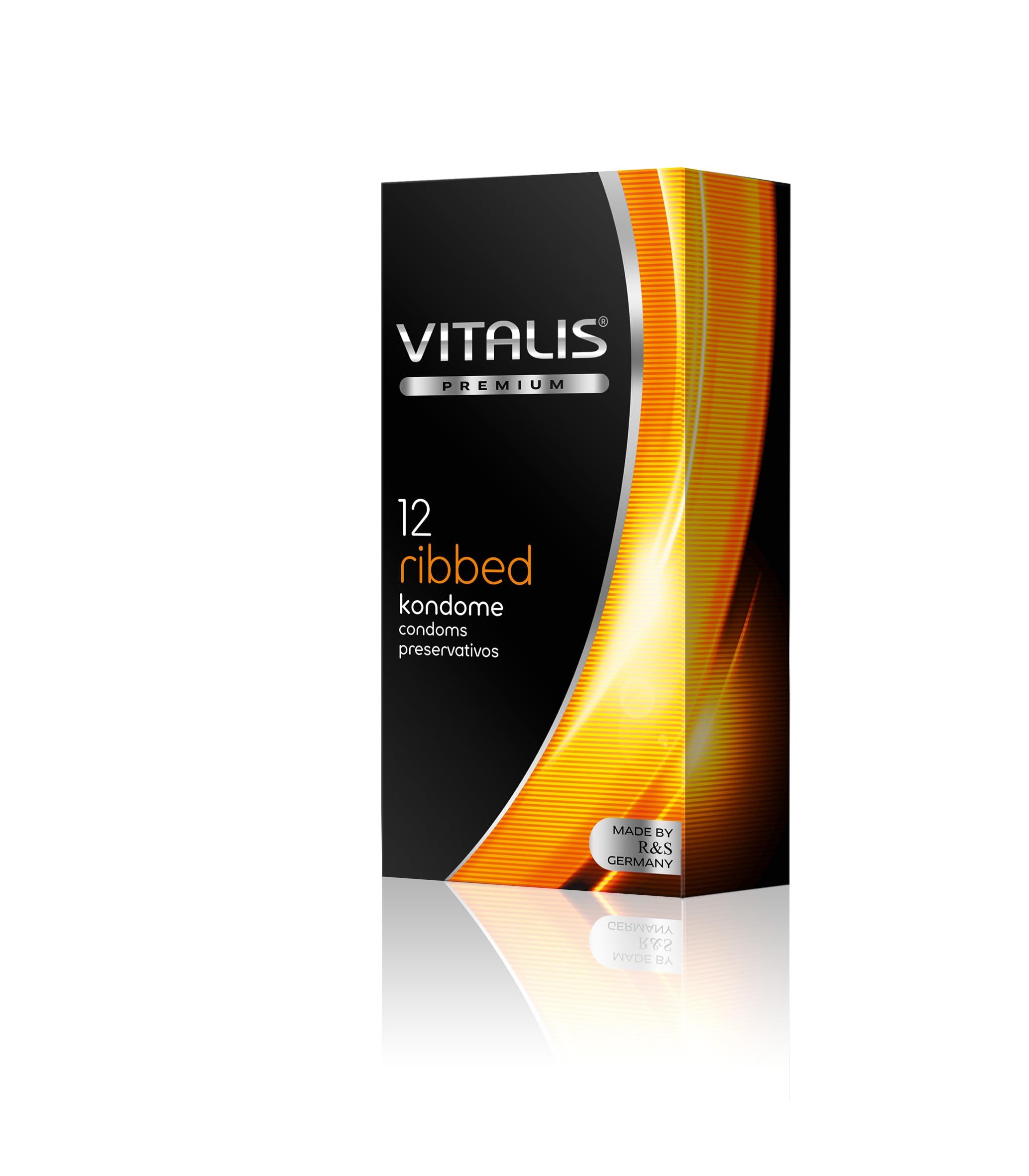 Verpackung von Vitalis Kondomen, 12 Stück, gerippt, 53 mm Nennbreite.