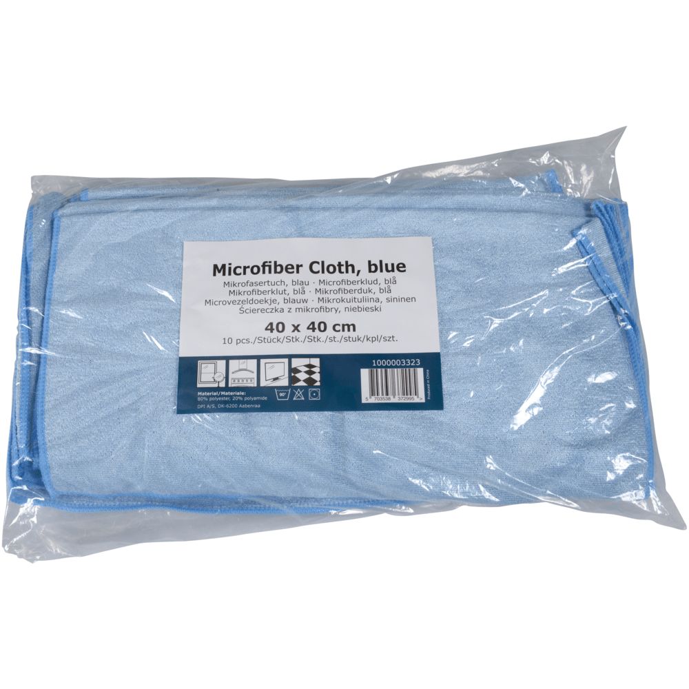 Blaues Mikrofasertuch-Set in Plastikverpackung. Aufdruck: "Microfiber Cloth, blue", 40 x 40 cm.