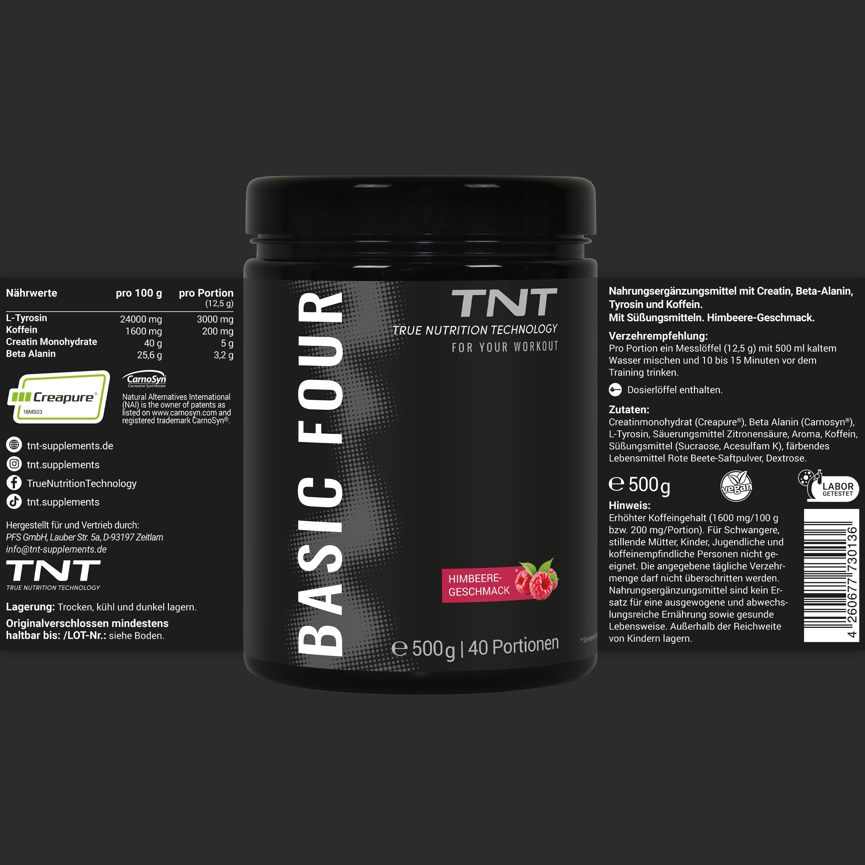 TNT Basic Four-Behälter mit Nährwertangaben und Zutaten. Himbeer-Geschmack, 500g, 40 Portionen. Zusätzliche Informationen auf dem Etikett.