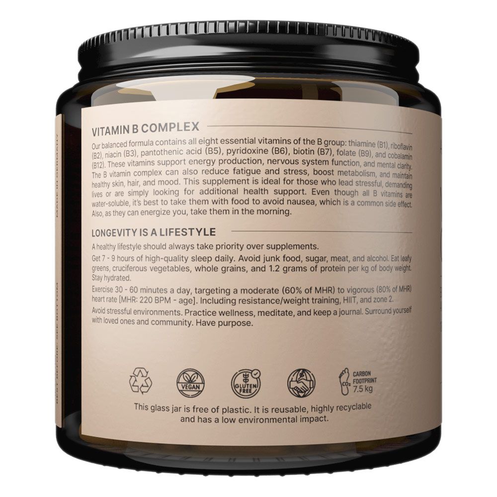 Glasbehälter mit Vitamin B Komplex Etikett. Enthält Recycling-, Vegan- und CO2-Fußabdruck-Symbole.
