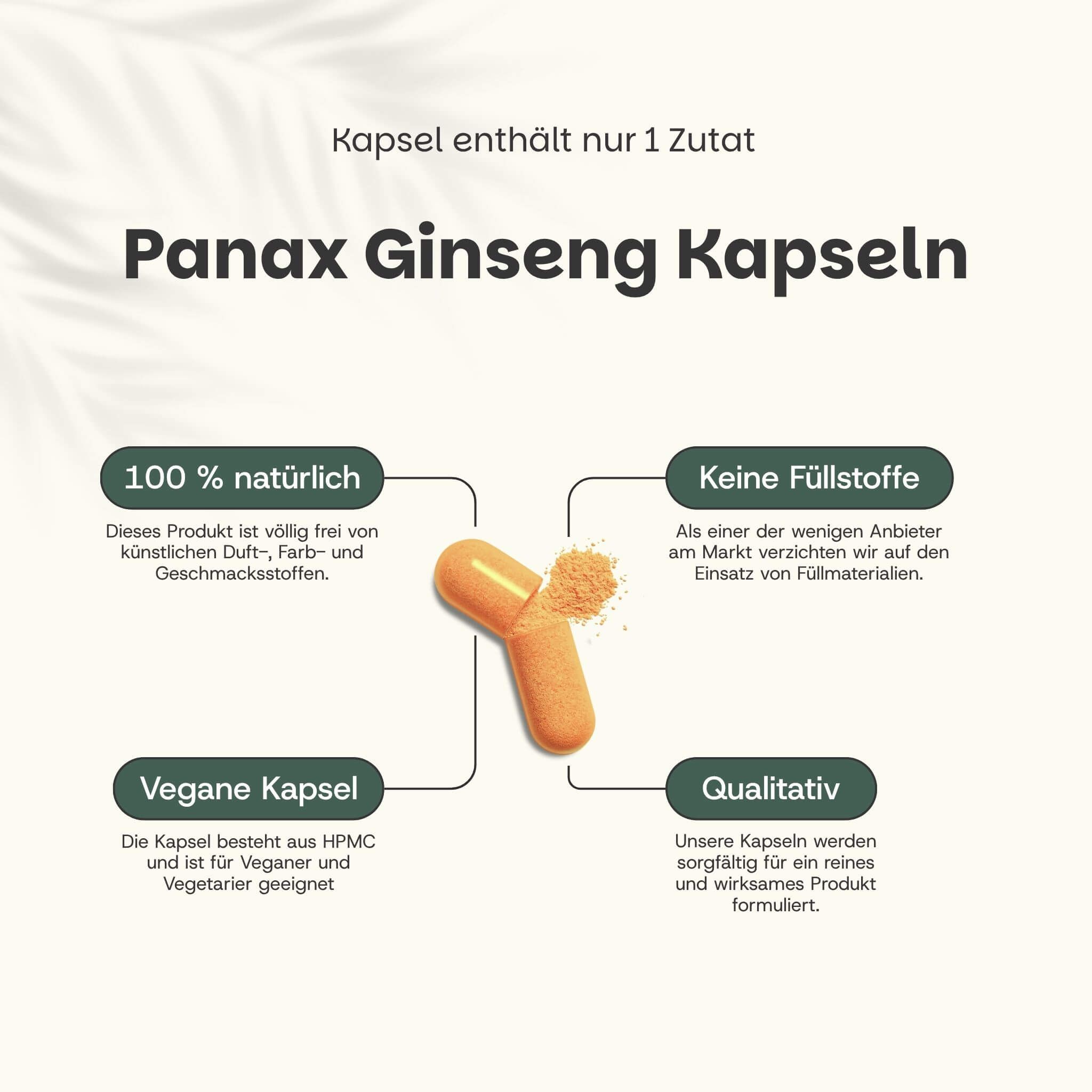 Eine Kapsel, geöffnet mit Pulver. Text: Panax Ginseng Capsules. 100% natürlich, keine Füllstoffe, vegane Kapsel, qualitativ.