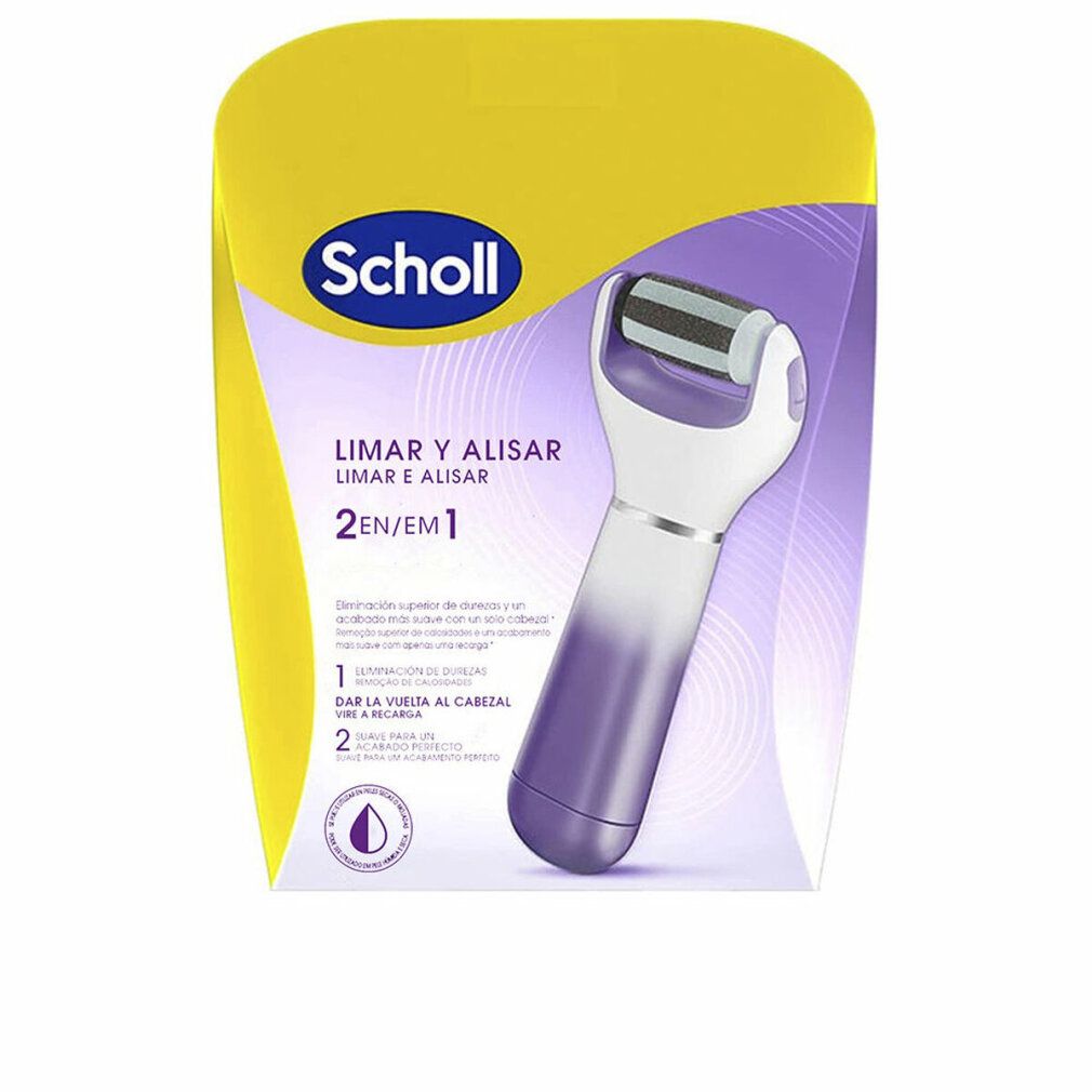 Scholl elektrische Fußfeile in Verpackung. Weiß-lila Gerät mit Rollkopf. Verpackung mit Produktname und Produktbeschreibung.