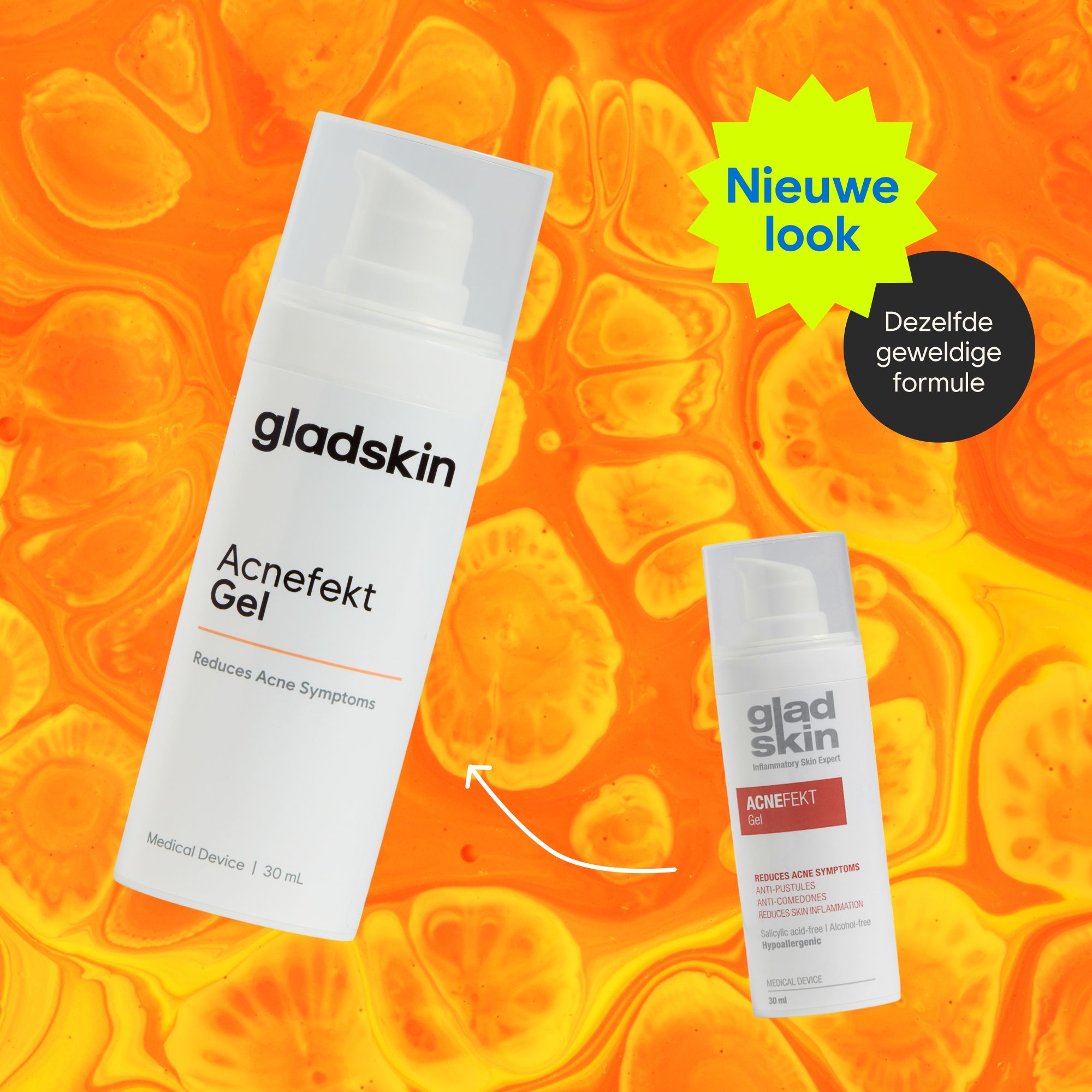 Zwei Flaschen Gladskin Acnefekt Gel. Eine große und eine kleine Flasche. Aufschrift: Acnefekt Gel, reduziert Aknesymptome.