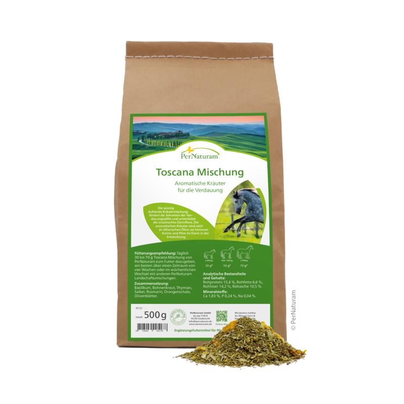 PerNaturam Toscana Mischung, 500g Packung. Braune Papiertüte mit Etikett. Kräutermischung auf weißem Hintergrund.