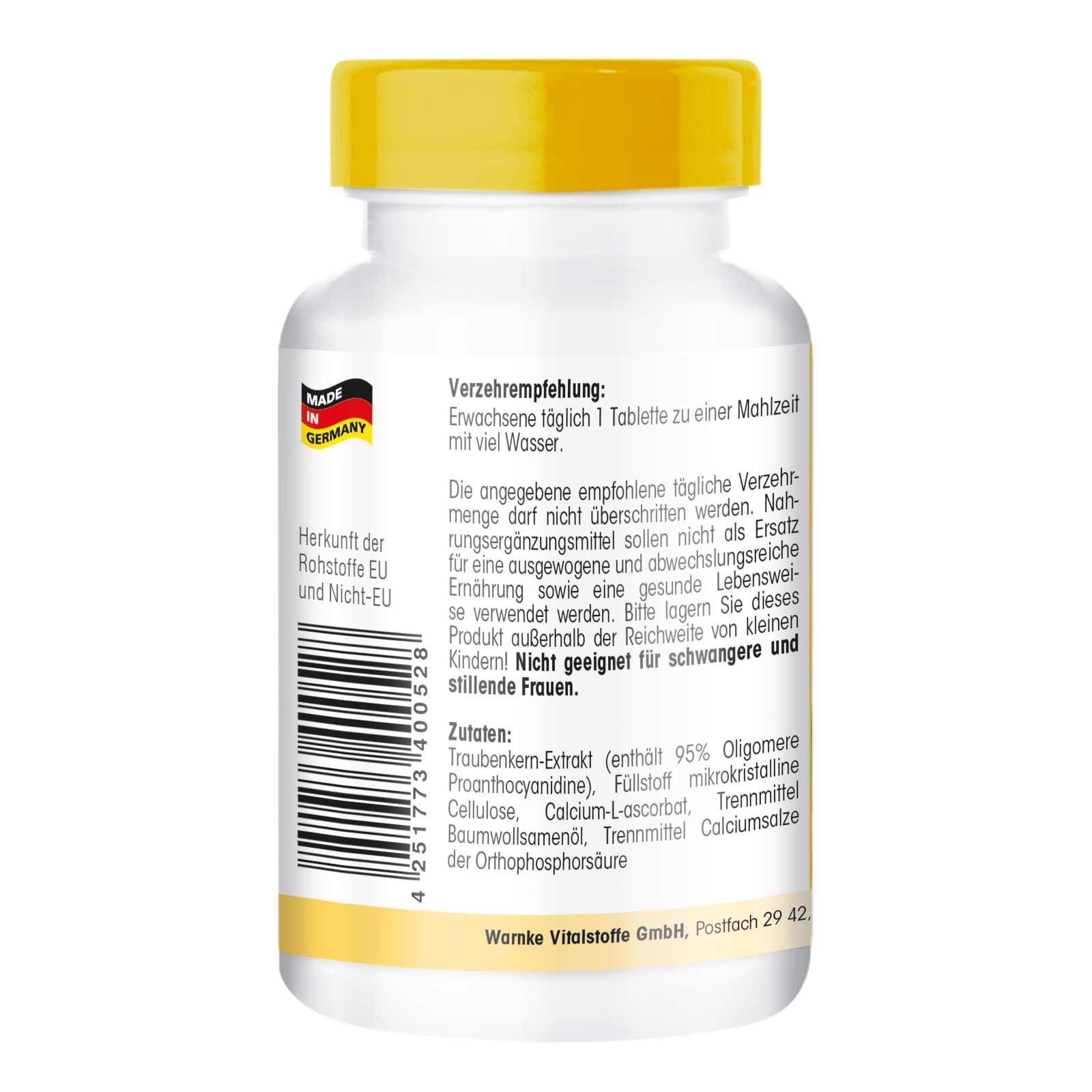 Rückseite der Tablettenflasche. Text: Verzehrempfehlung, Zutaten, Herkunft der Rohstoffe EU und Nicht-EU, Made in Germany. Gelber Deckel.