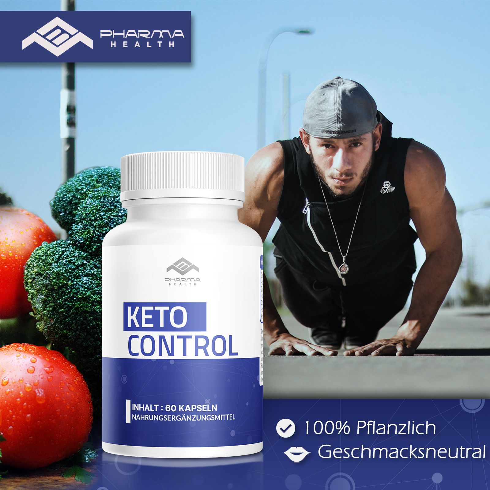 Weiße Flasche mit Keto Control, Pharma Health. Aufschrift: 100% pflanzlich, geschmacksneutral. Gemüse und Mann im Hintergrund.