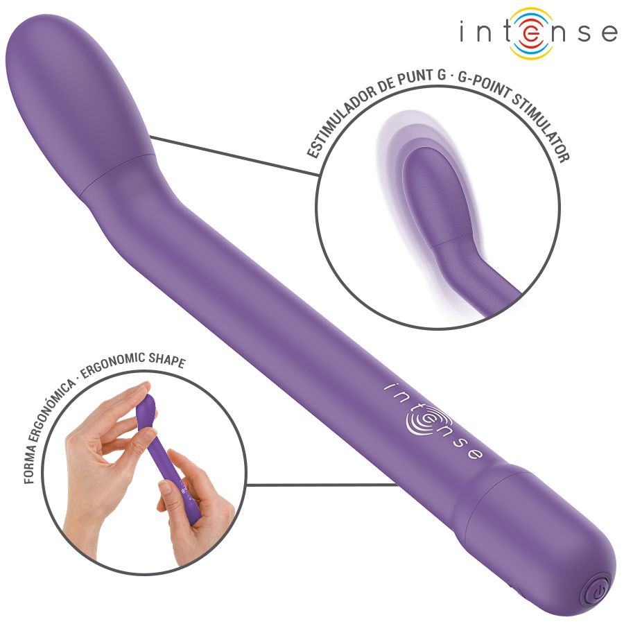 Lila G-Punkt-Stimulator. Ergonomische Form. Marke: Intense. Text: G-Punkt Stimulator.